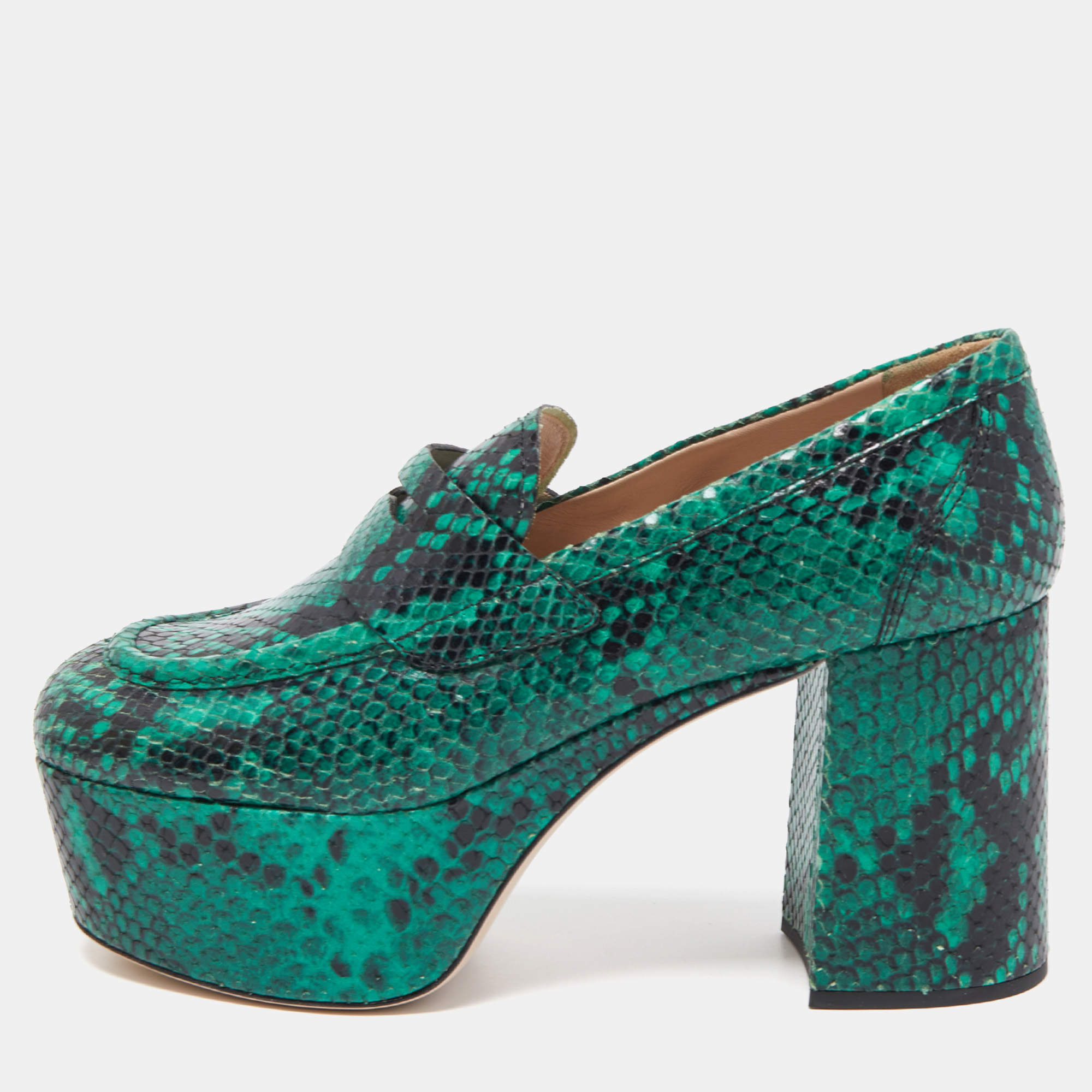 مملوكة مسبقًا Miu Miu Green Python Leather Embossed Platform Pumps Size 39 