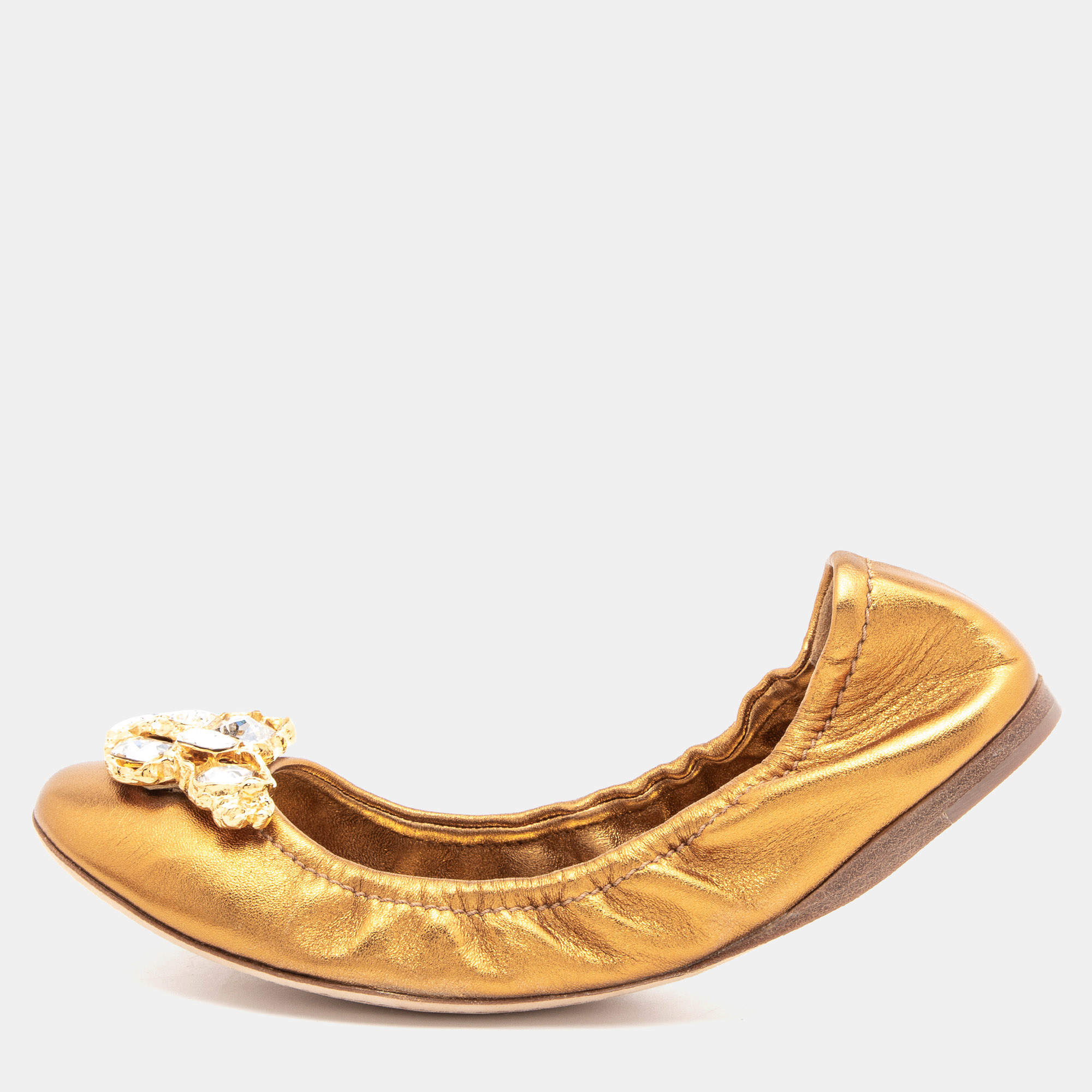 Pre Owned Miu Miu Metallic Gold Leather Crystal Embellished Scrunch Ballet Flats Size 38.5