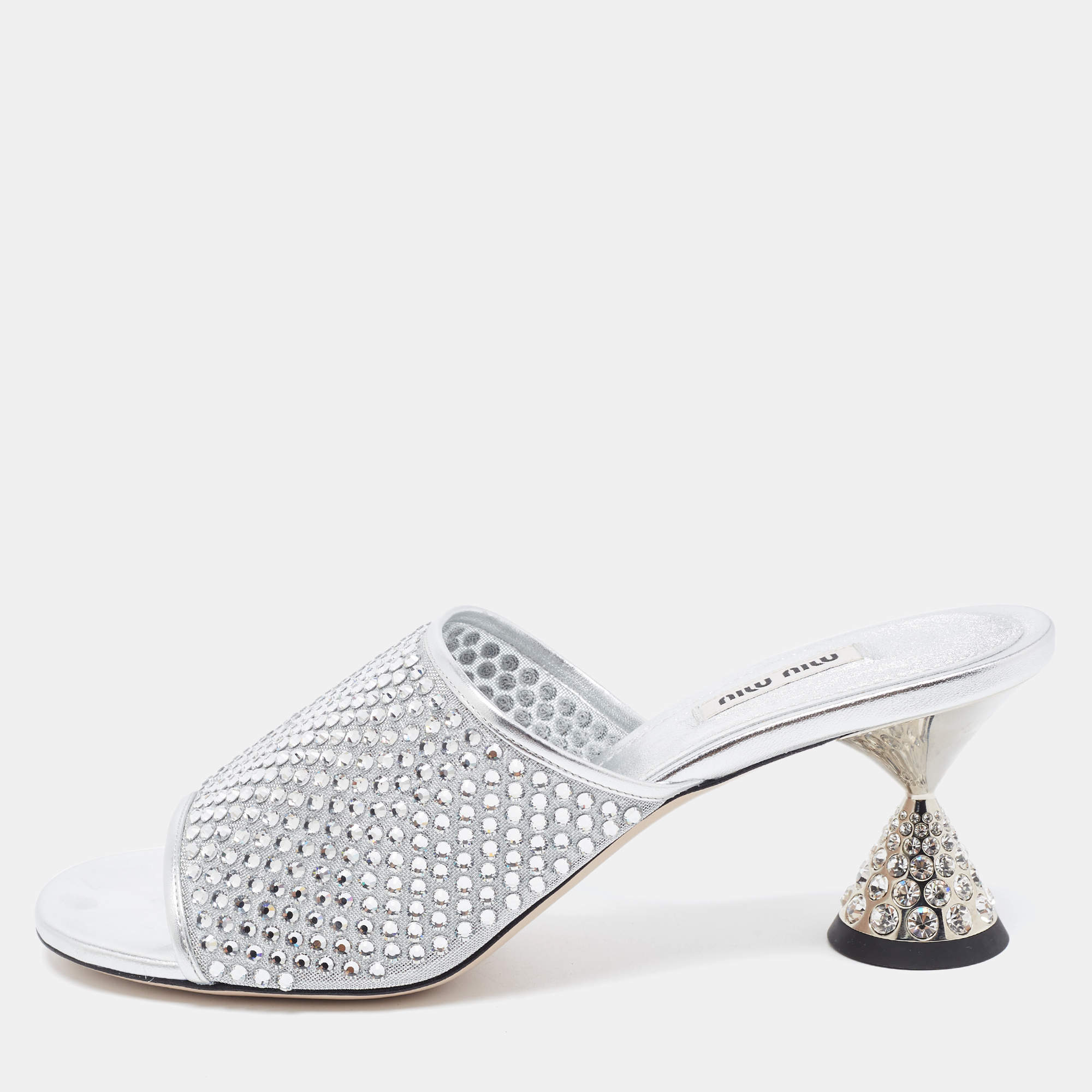 Miu Miu Silver Mesh and Leather Rhinestone Embellished Slide Sandals Size 41