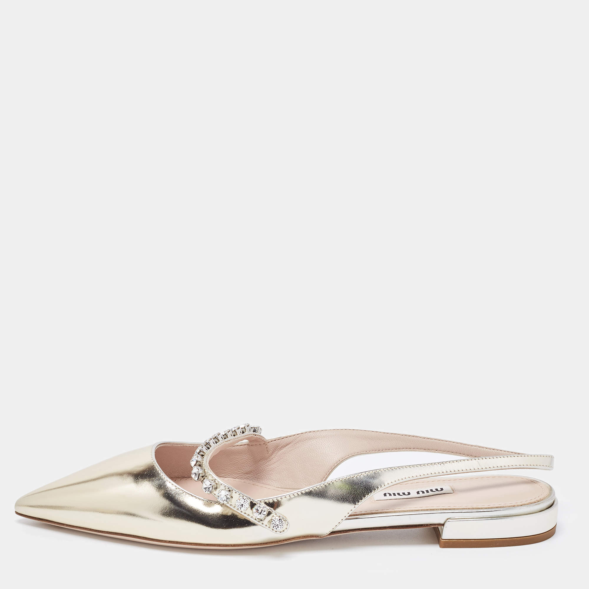 Miu Miu Gold Leather Crystal Embellished Slingback Flats Size 37.5