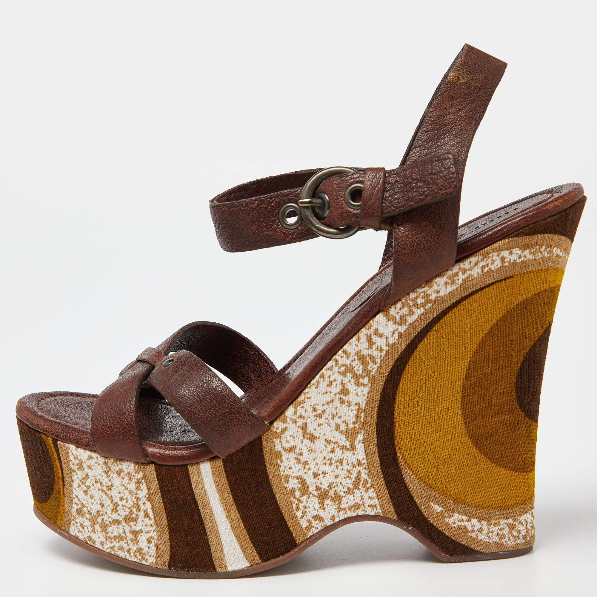 Miu Miu Brown Leather Platform Wedge Ankle Strap Sandals Size 38
