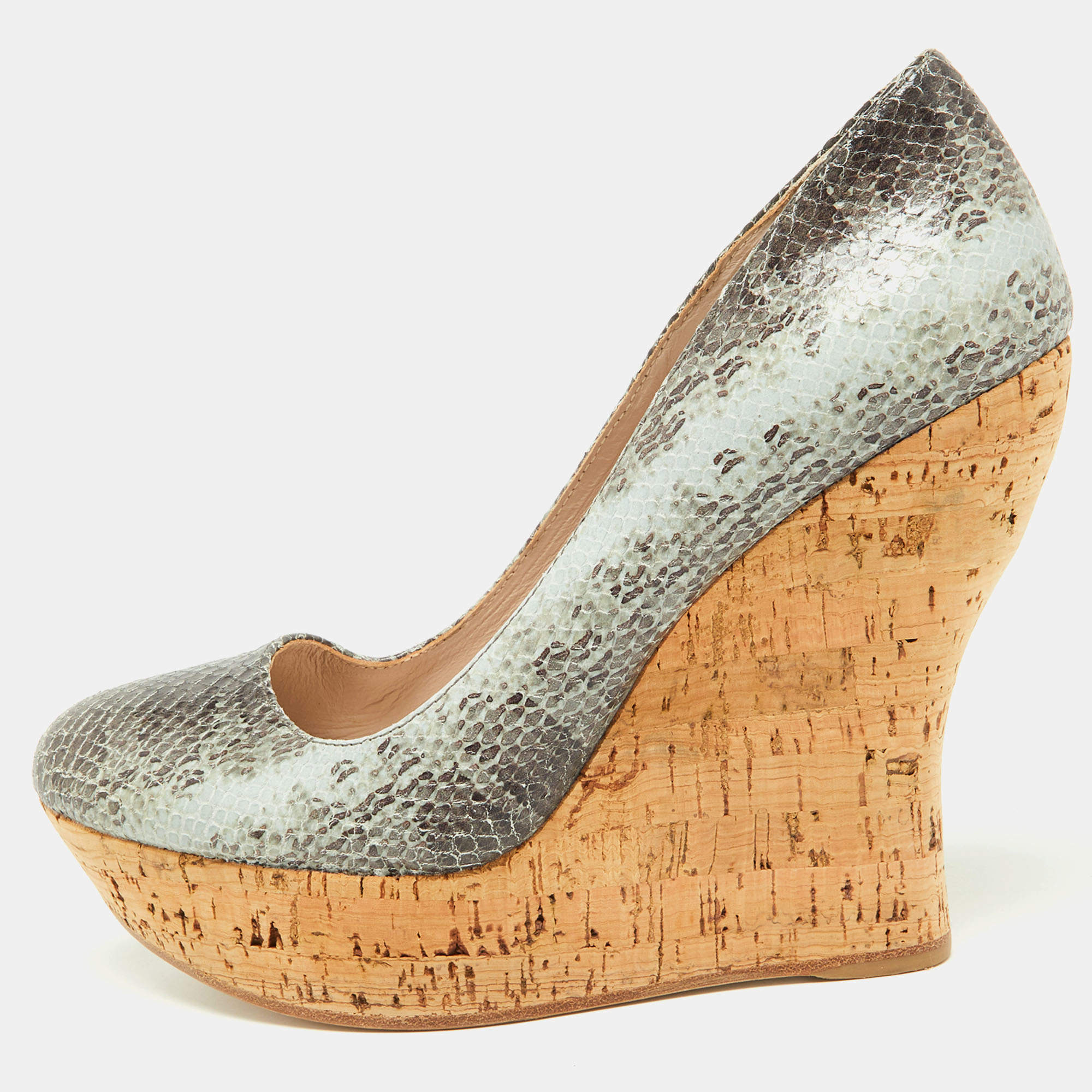 Miu Miu Two Tone Embossed Snakeskin Cork Wedge Pumps Size 37