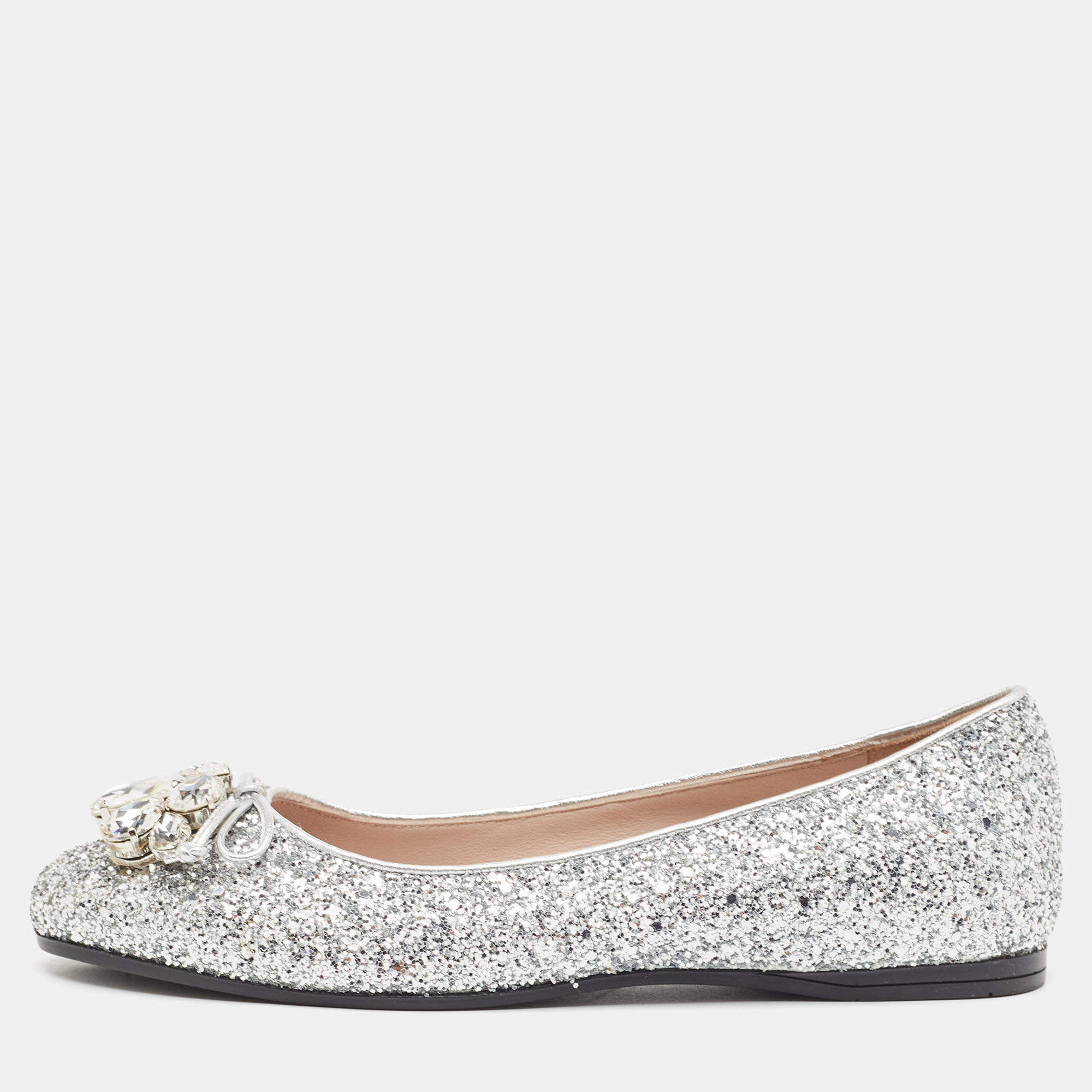 Pre Owned Miu Miu Silver Glitter Ballet Flats Size 36.5