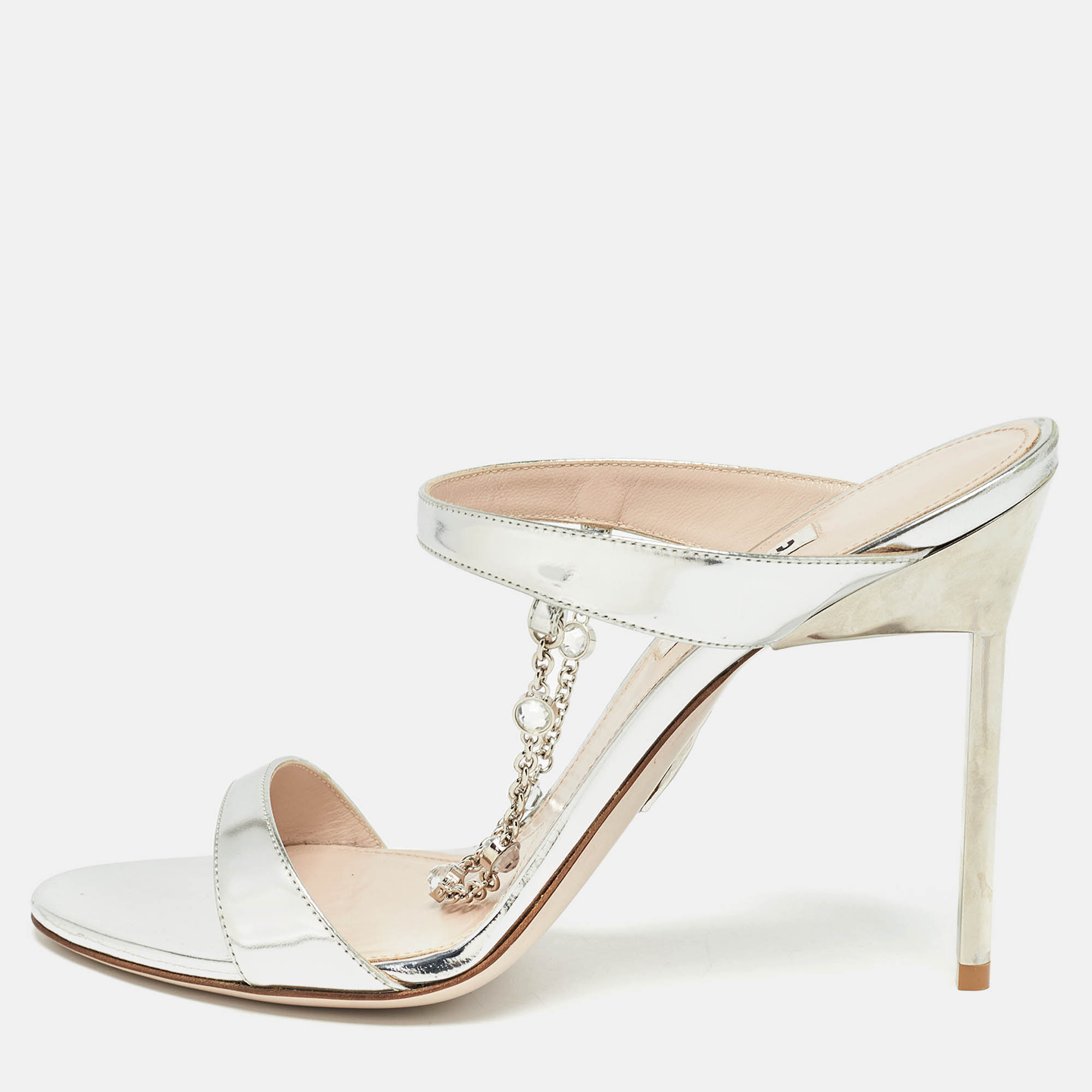 Miu Miu Silver Leather Crystal Embellished Slide Sandals Size 39