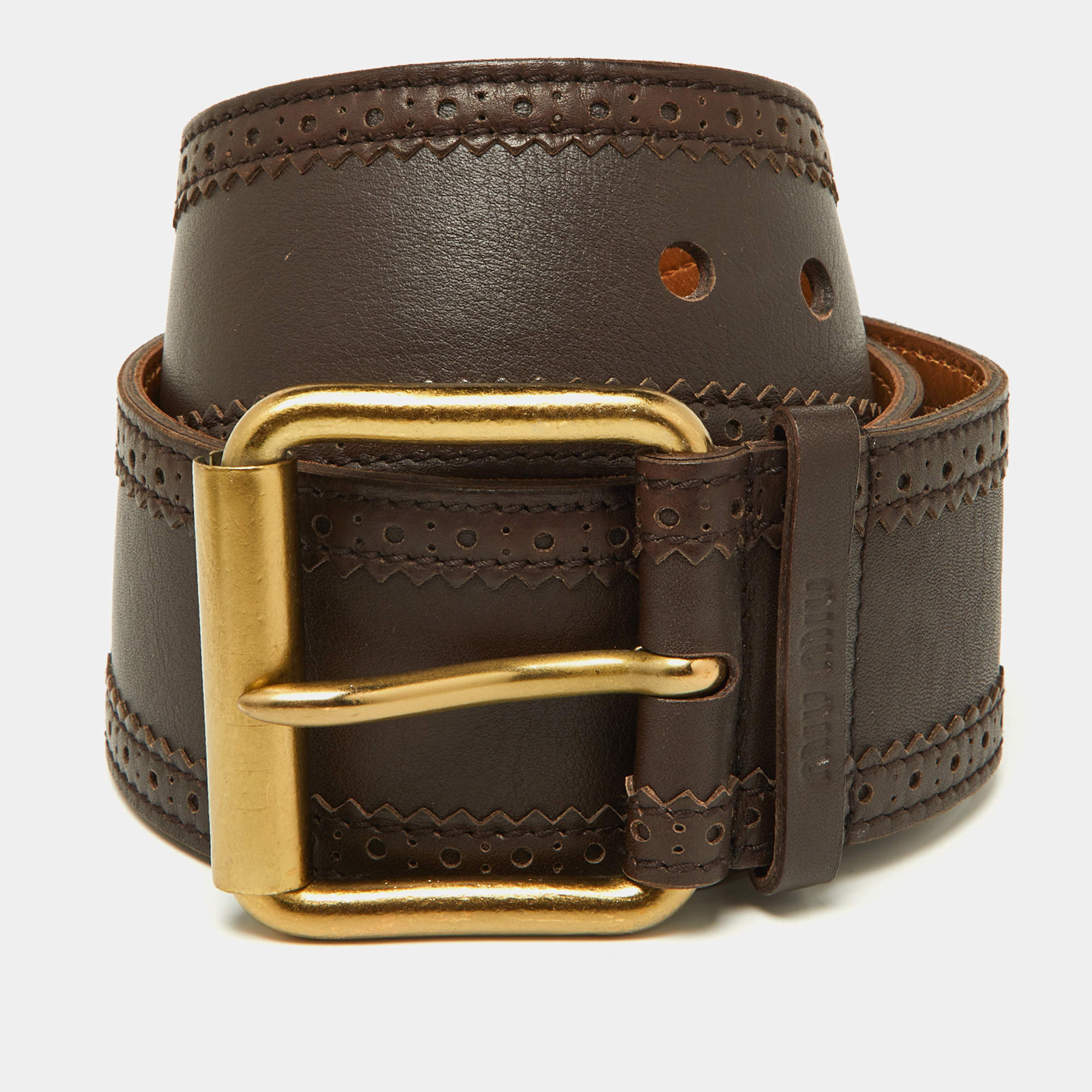 Pre Owned Miu Miu Brown Leather Wide Waist Buckle Belt 85CM