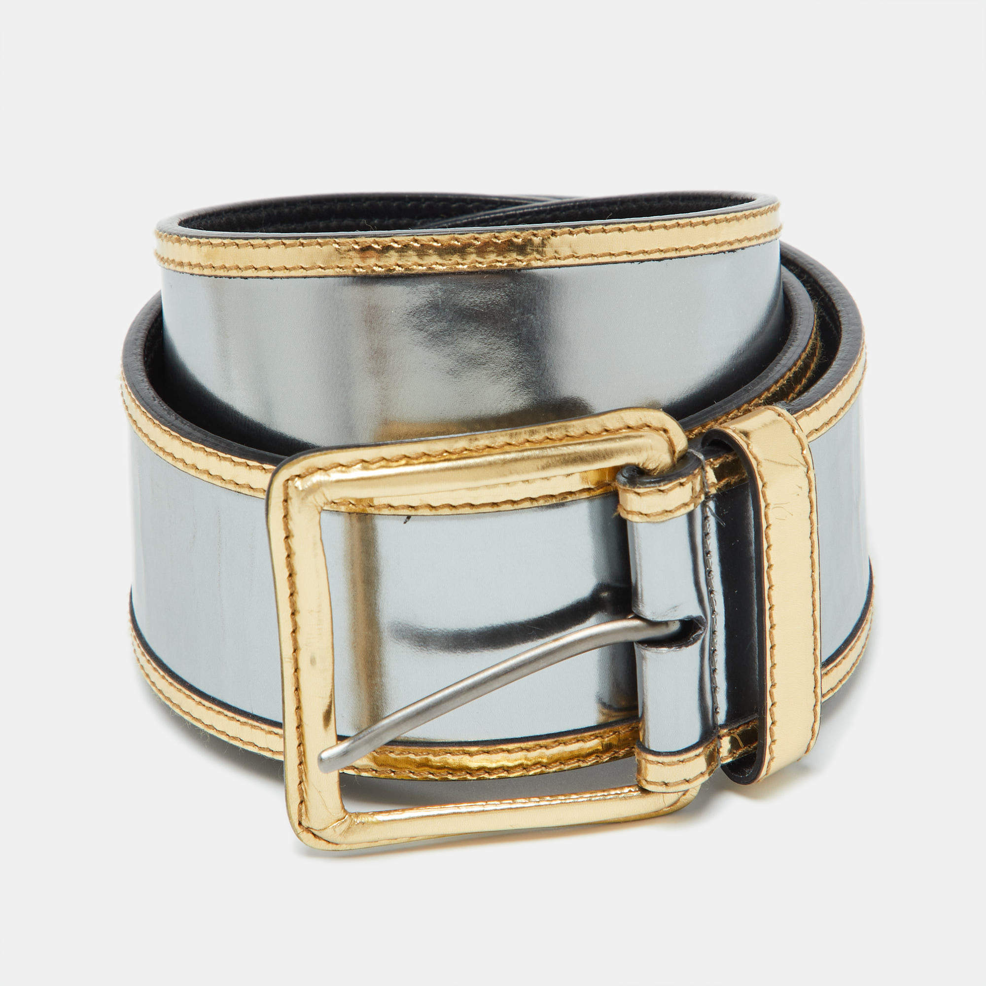 Pre Owned Miu Miu Metallic Silver/Gold Patent Leather Waist Belt 85CM