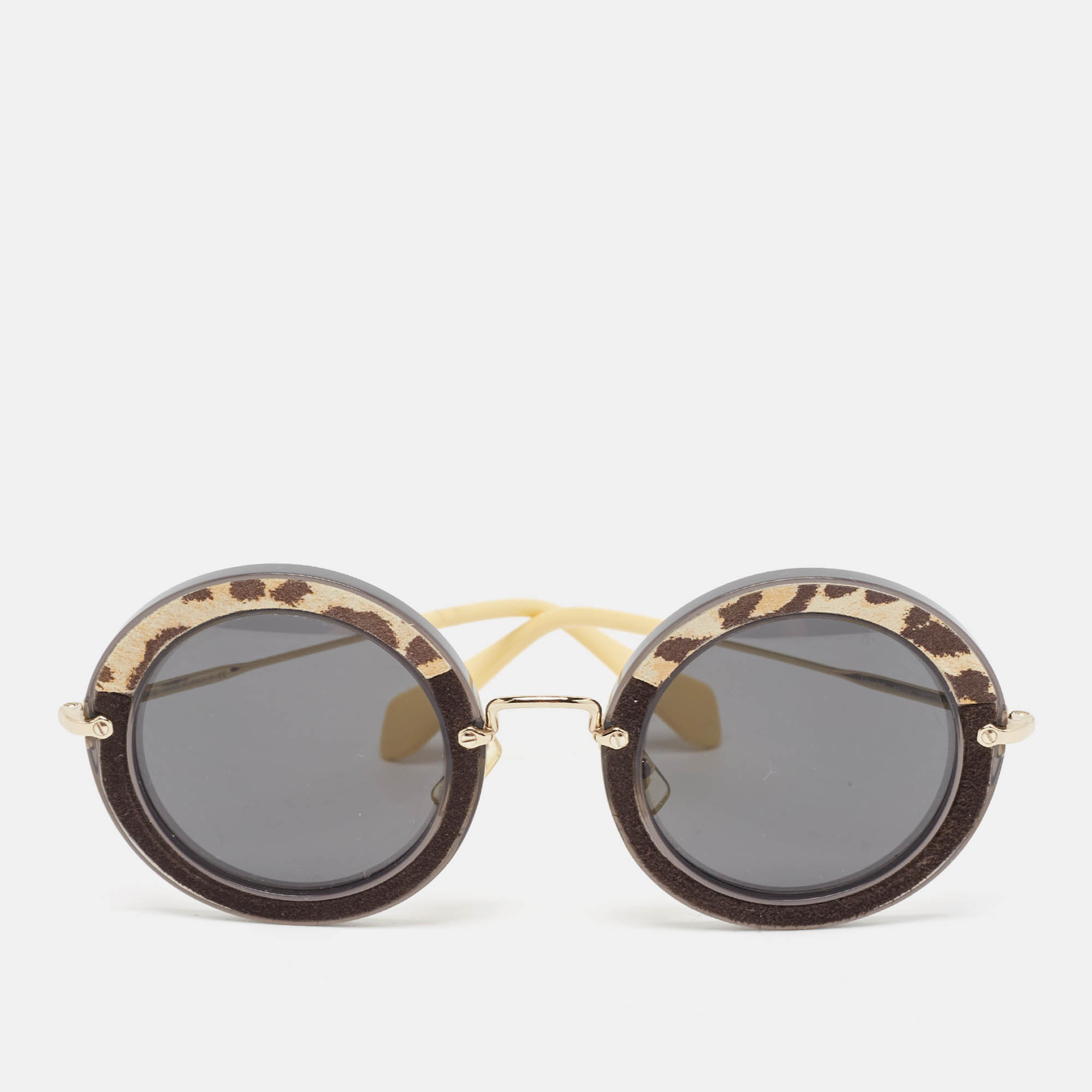 Miu Miu Black Leopard Print Suede SMU08R Round Sunglasses