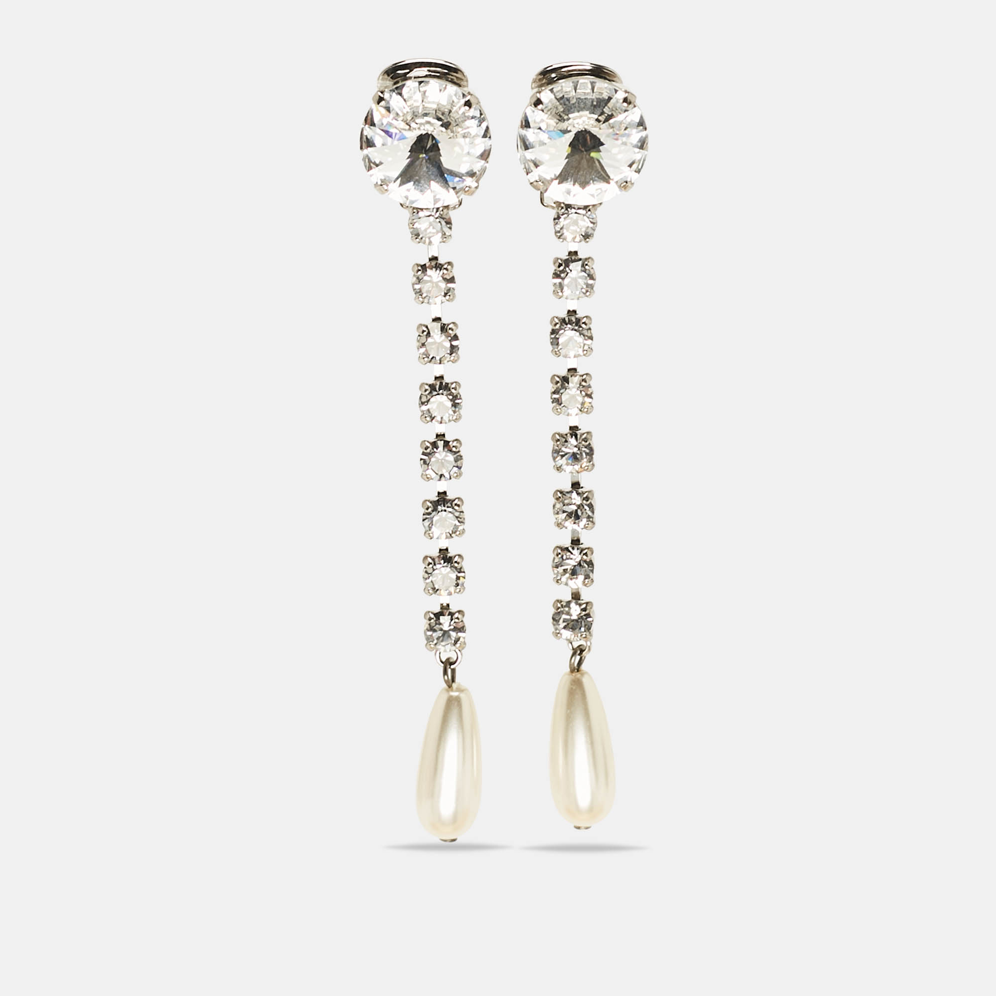 Miu Miu Silver Tone Crystal and Pearl Drop Earrings