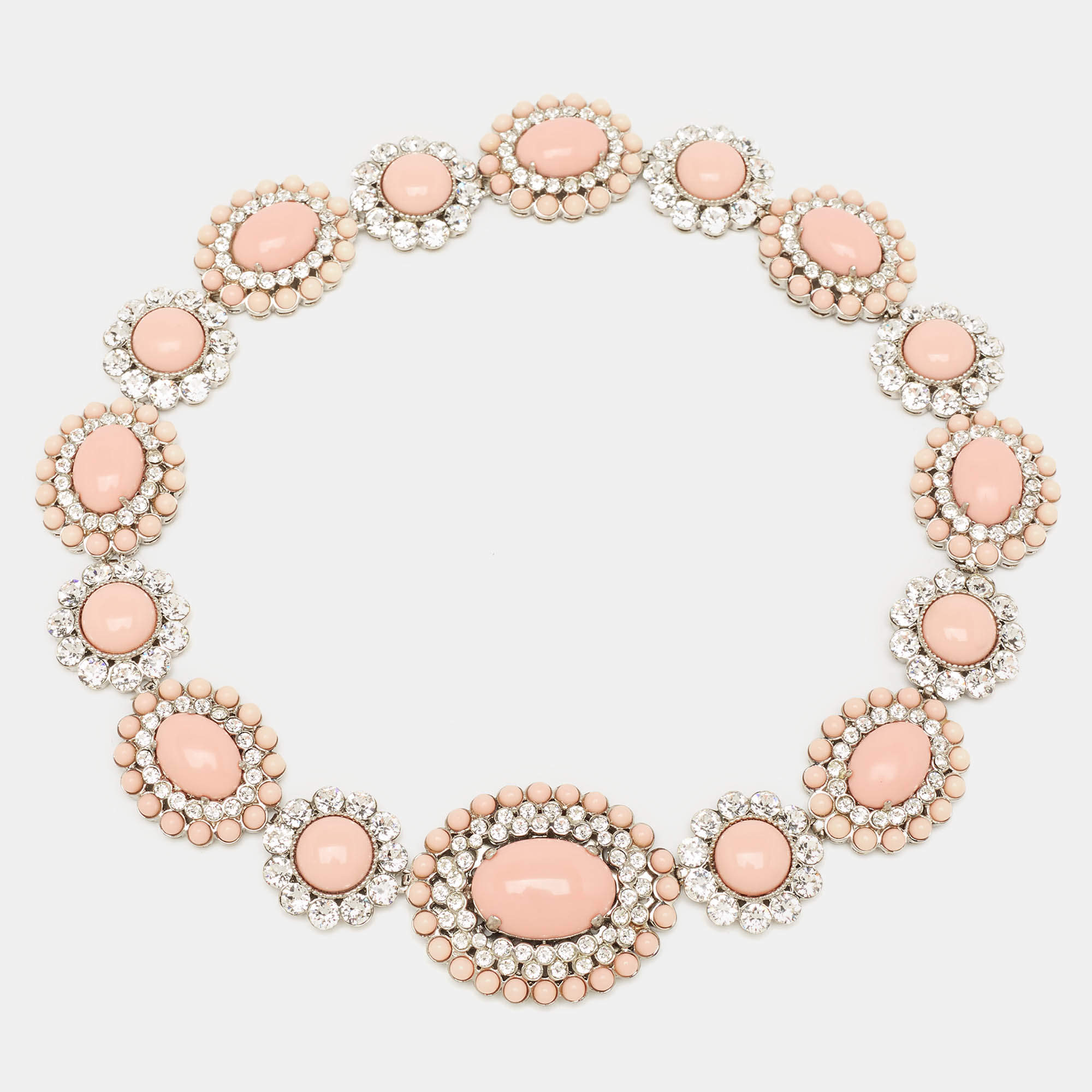 Miu Miu  Pink Composite Crystal Embellished Silver Tone Floral Choker Necklace
