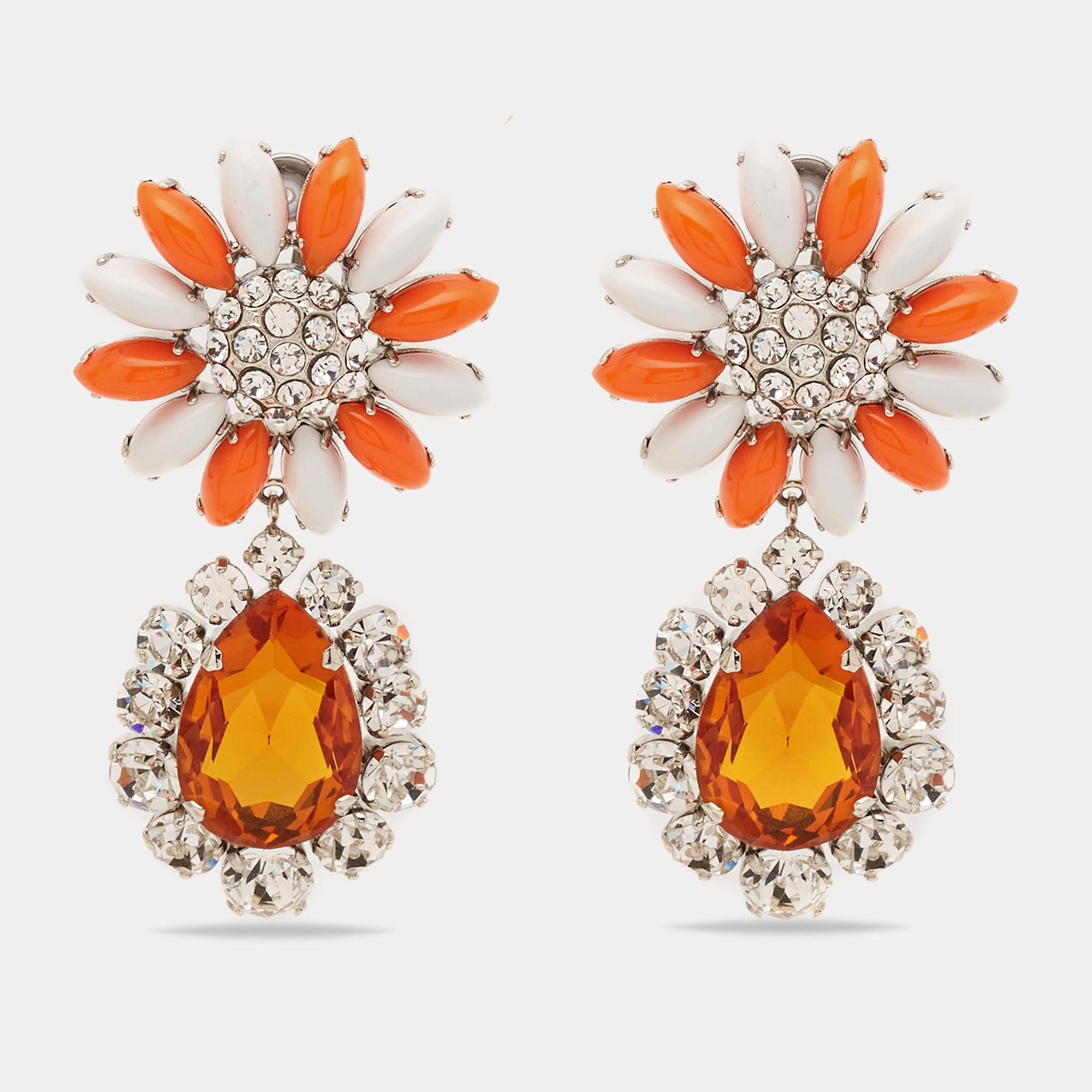 Miu Miu Daisy Composite Crystals Silver Tone Drop Earrings