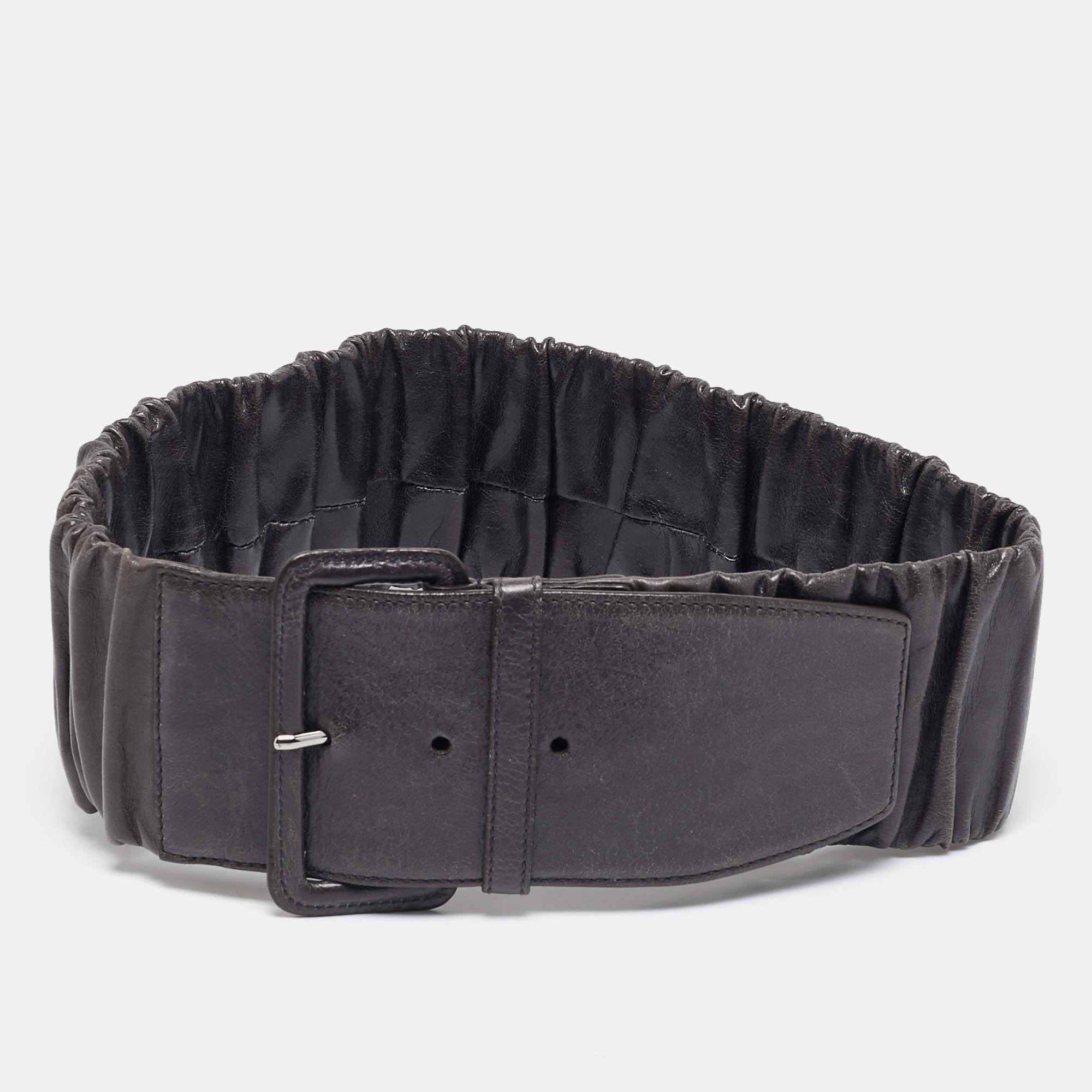 Miu Miu Grey Pleated Leather Waist Belt 75CM