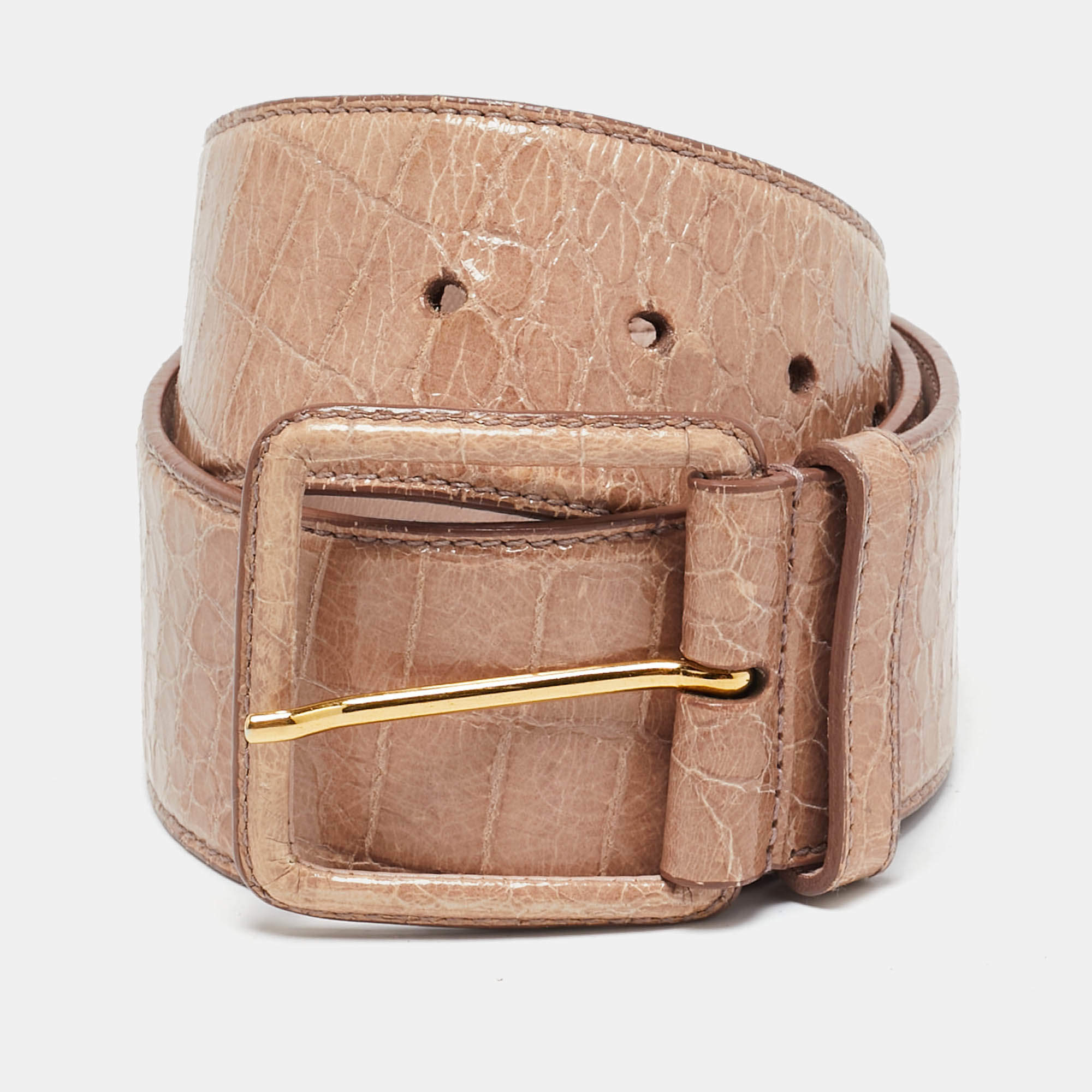 Miu Miu Old Rose Croc Embossed Patent Leather Buckle Belt 75CM