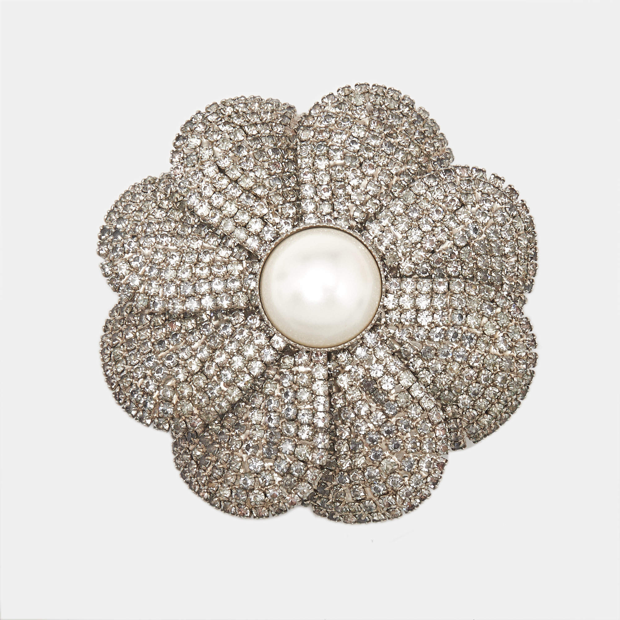 Miu Miu Floral Faux Pearl Crystal Silver Tone Brooch