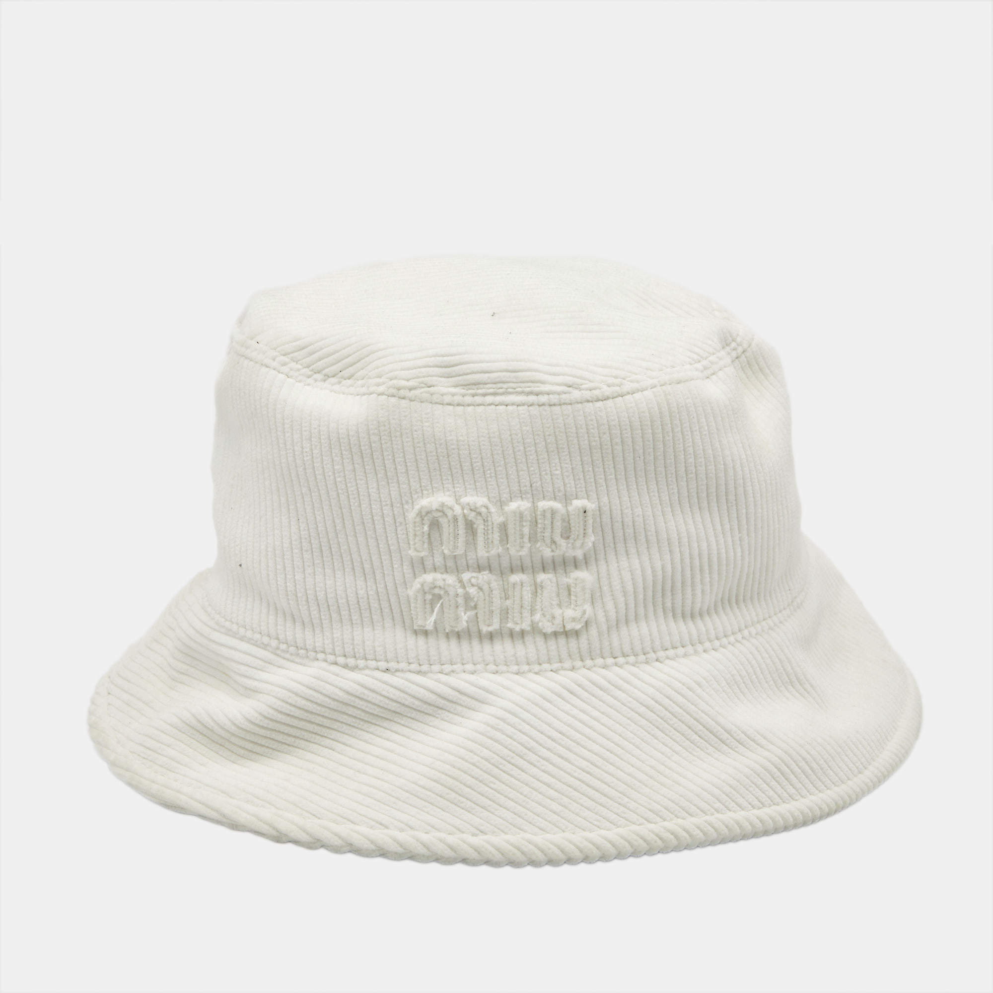 Pre Owned Miu Miu White Logo Corduroy Bucket Hat L