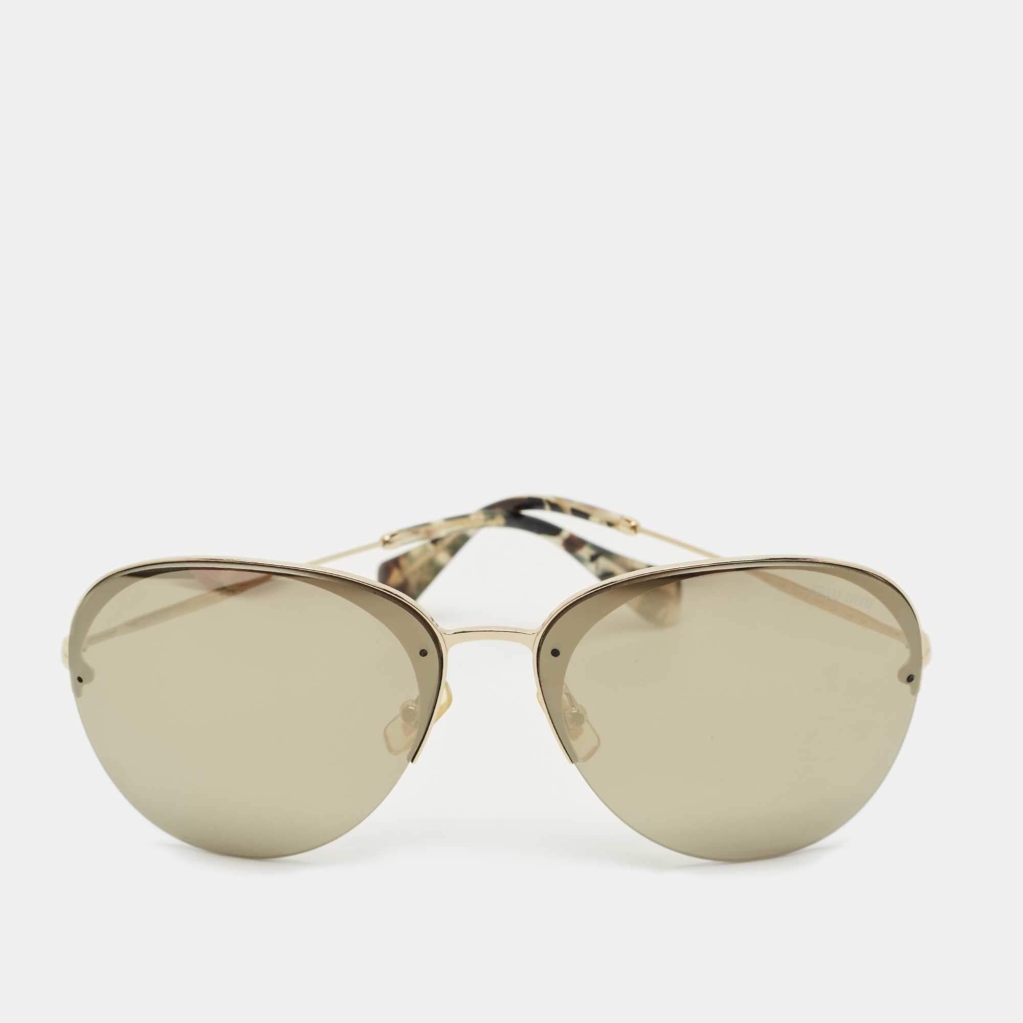 Pre Owned Miu Miu Gold Mirrored SMU 53P Aviator Sunglasses