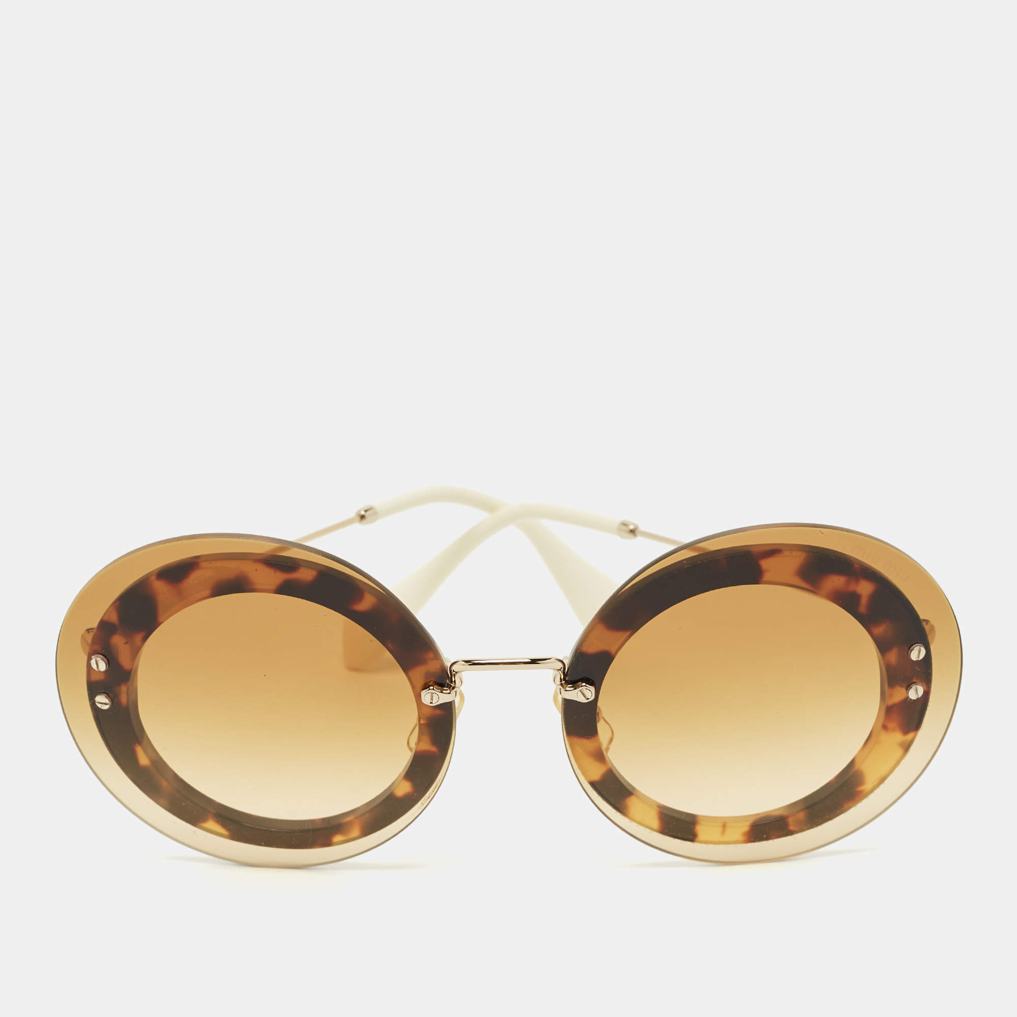 Pre Owned Miu Miu Tortoise Brown Gradient SMU10R Round Sunglasses