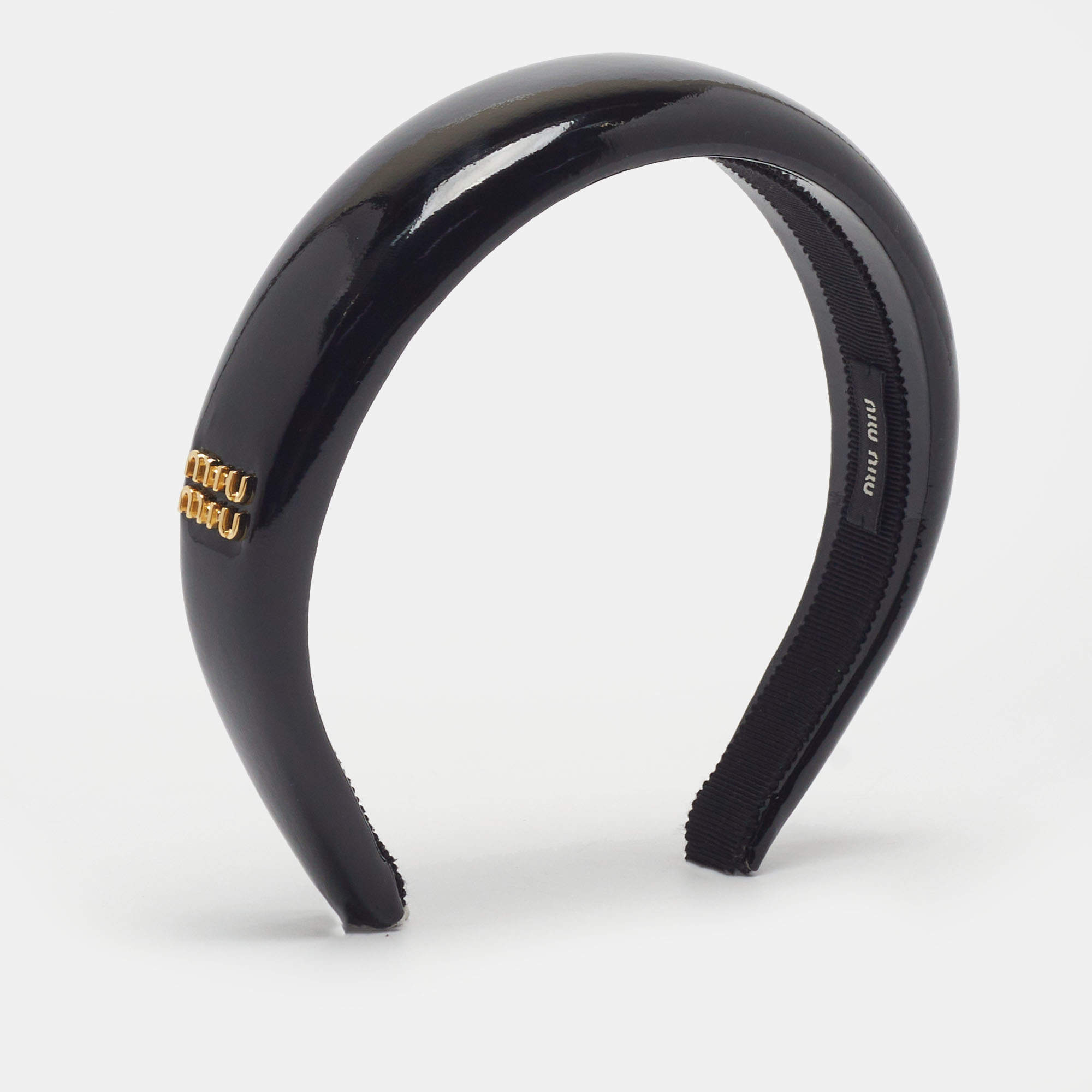 Pre Owned Miu Miu Black Patent Leather Logo Embellished Headband 
