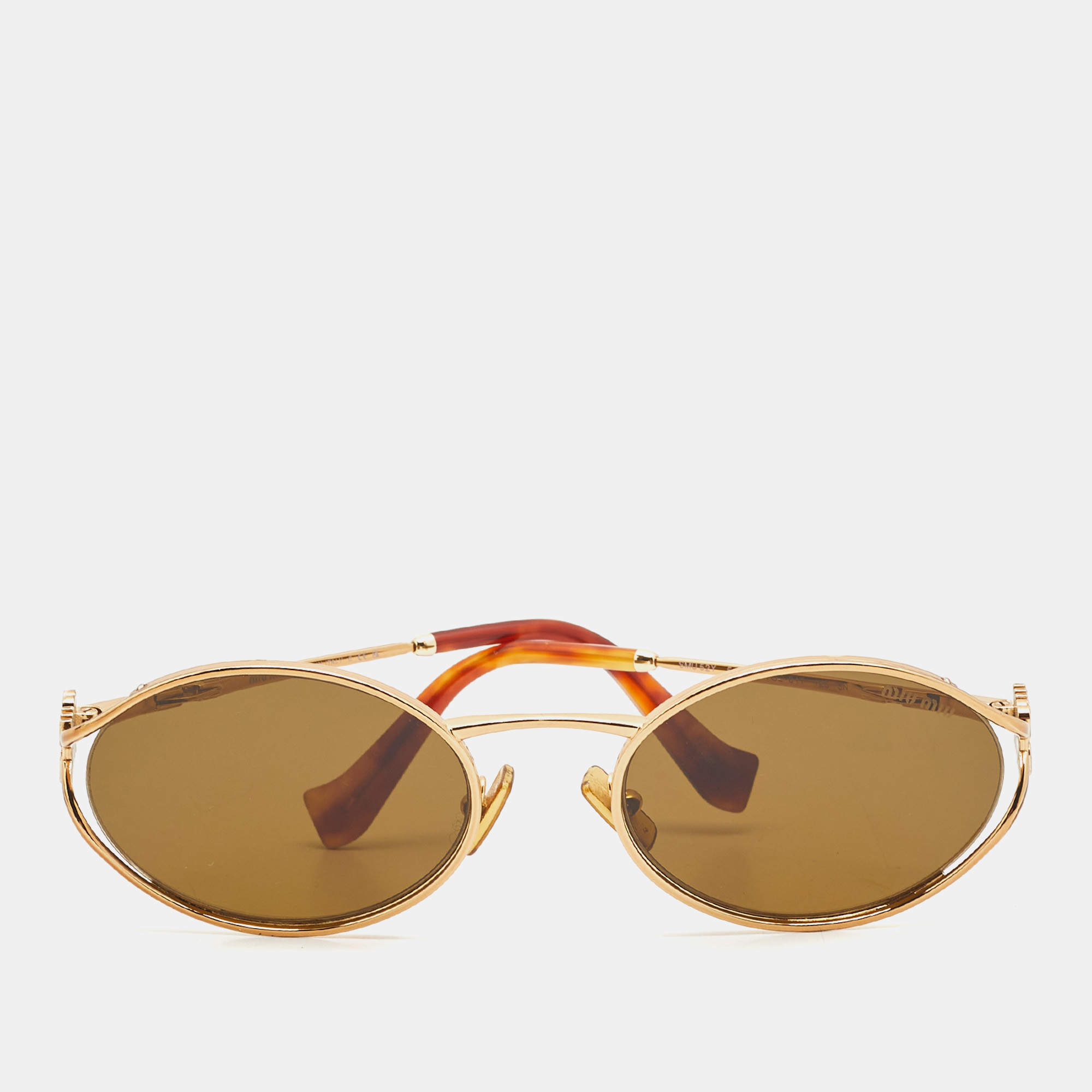 Pre Owned Miu Miu Brown/Gold Tone SMU 52Y Logo Oval Sunglasses