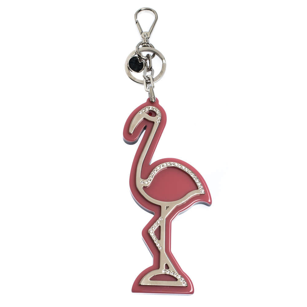 Miu Miu Pink & Glitter Inlay Enamel Crystal Embellished Flamingo Keychain