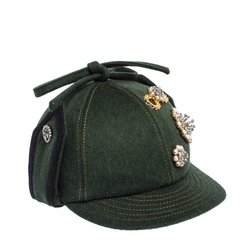 Miu Min Green Embellished Bow Top Felted Wool Cap S