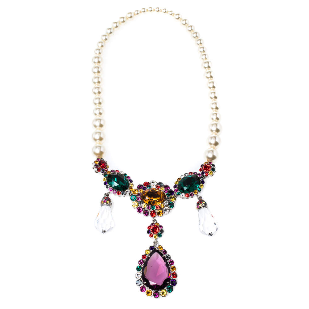 Miu Miu Multicolor Crystal Embellished Faux Pearl Necklace