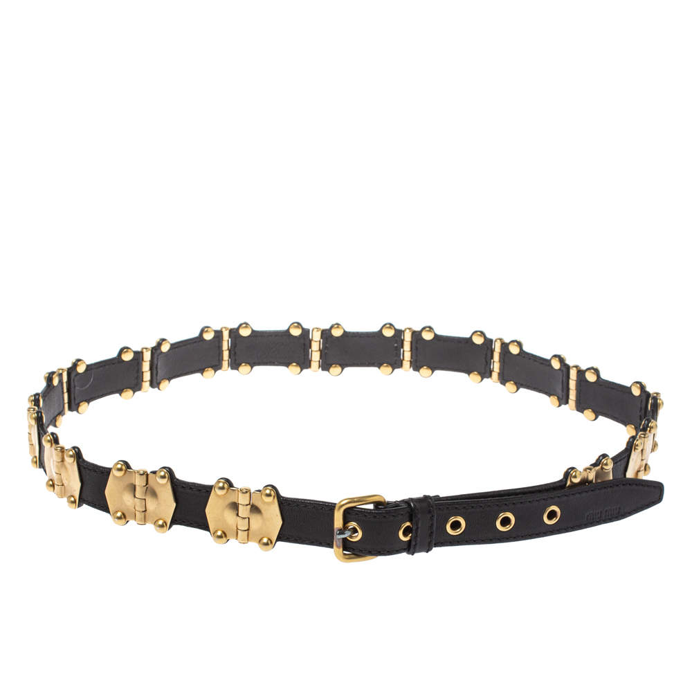 Pre Owned Miu Miu Black Leather Studded Grommet Buckle Belt 90CM