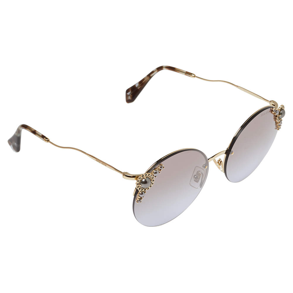 TLC Sunglasses Miu Grey | Round Manière Gradient Gold Tone/ Miu Miu Miu SMU52T