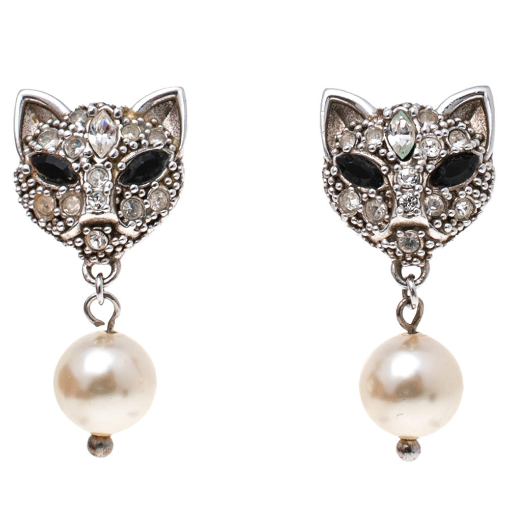 Miu Miu Sterling Silver Crystal Cat Pearl Drop Earrings