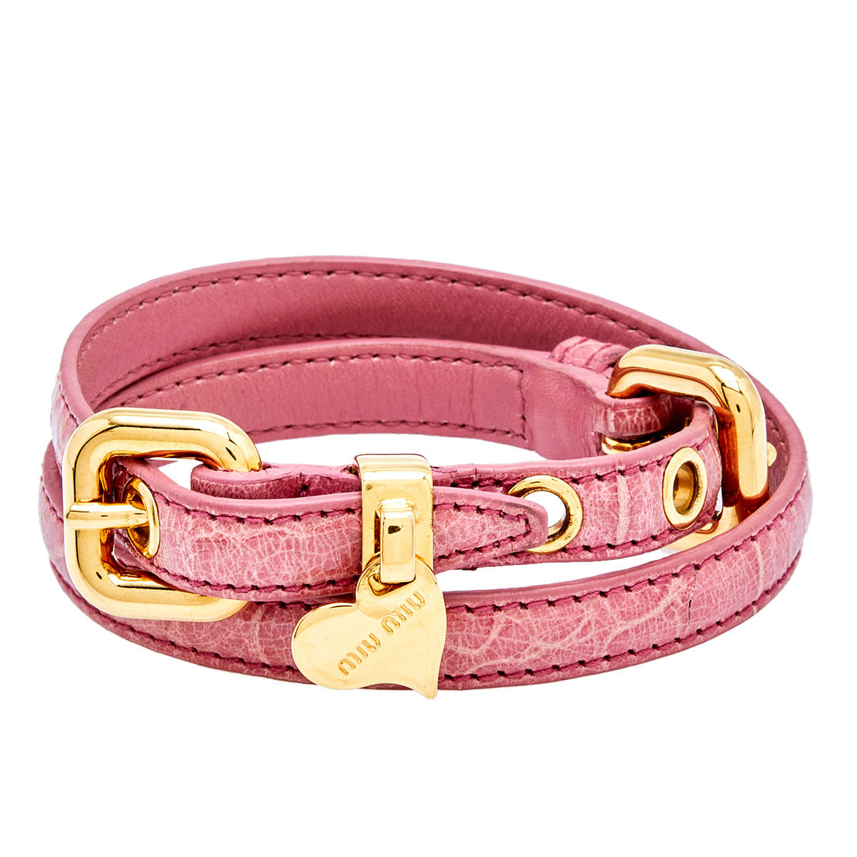 Miu Miu Pink Leather Detachable Strap Double Wrap Bracelet