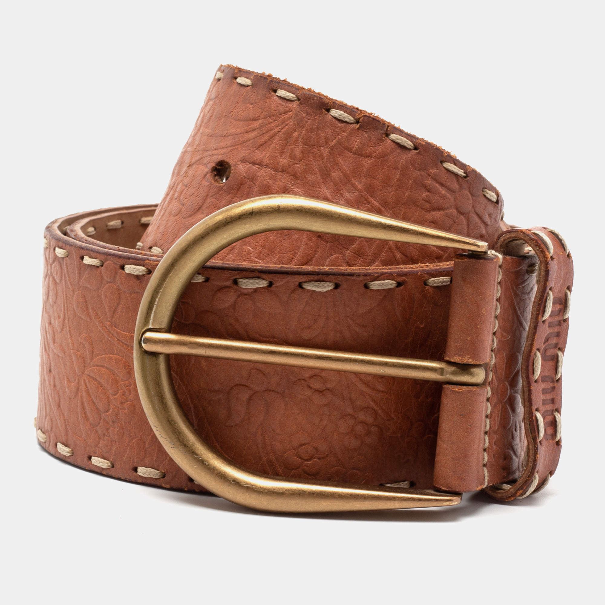 Miu Miu Brown Floral Embossed Leather Buckle Belt 80 CM