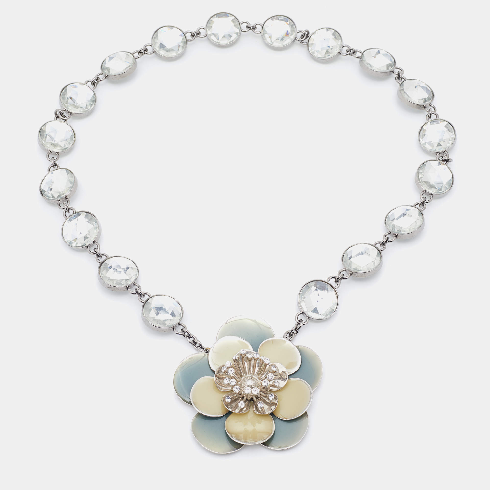 Miu Miu Silver Tone Crystal Resin Flower Pendant Necklace