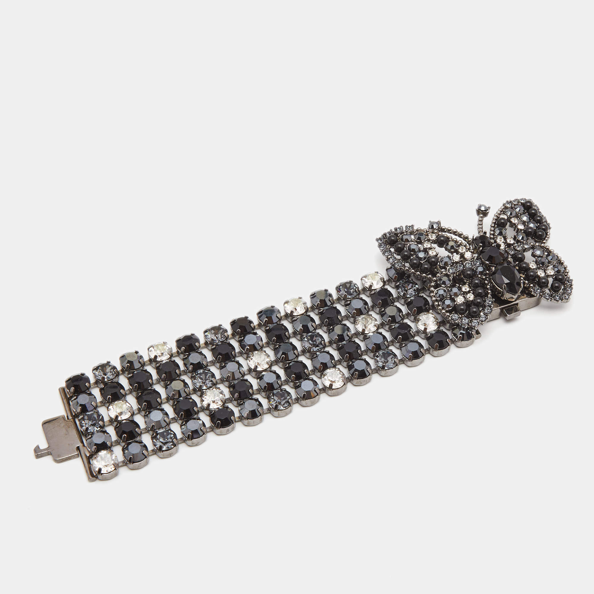 Miu Miu  Crystal Embellished Butterfly Gunmetal Tone Multi Strand Bracelet 