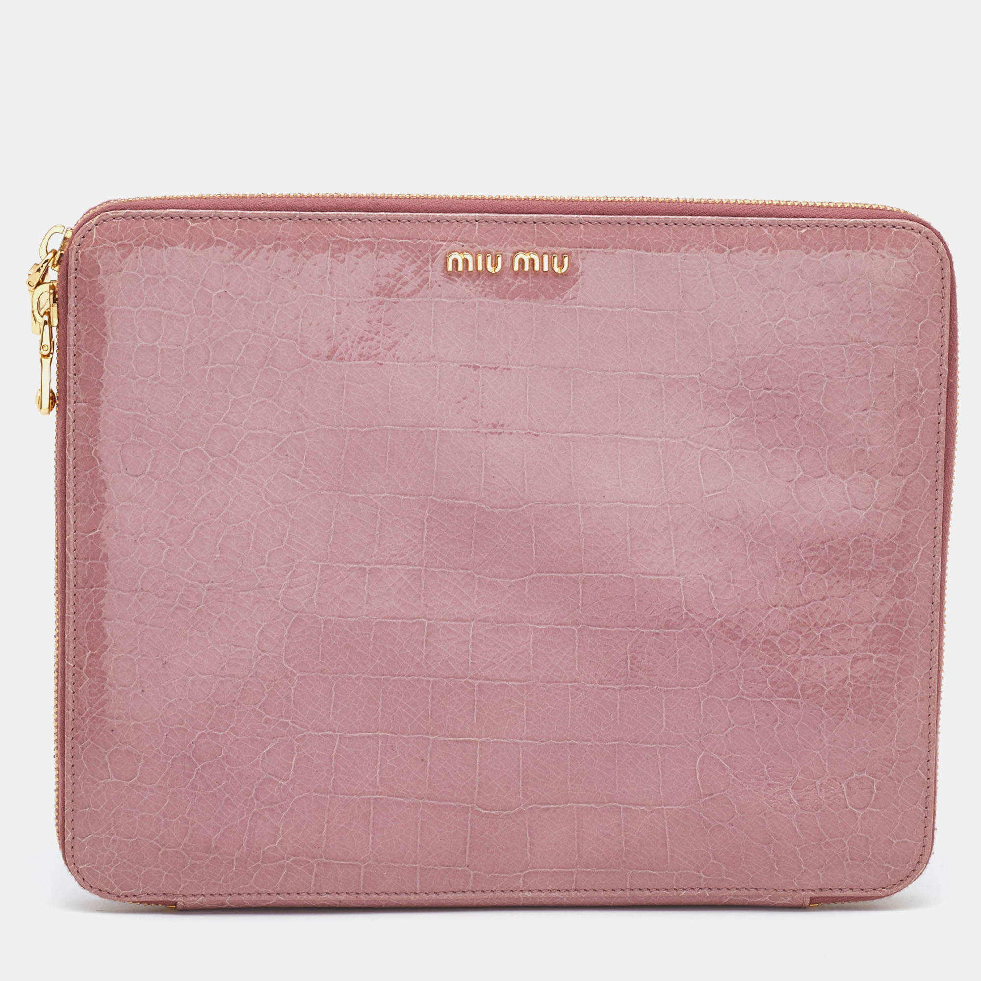 Miu Miu Pink Croc Embossed Patent Leather Zip Around iPad Cover