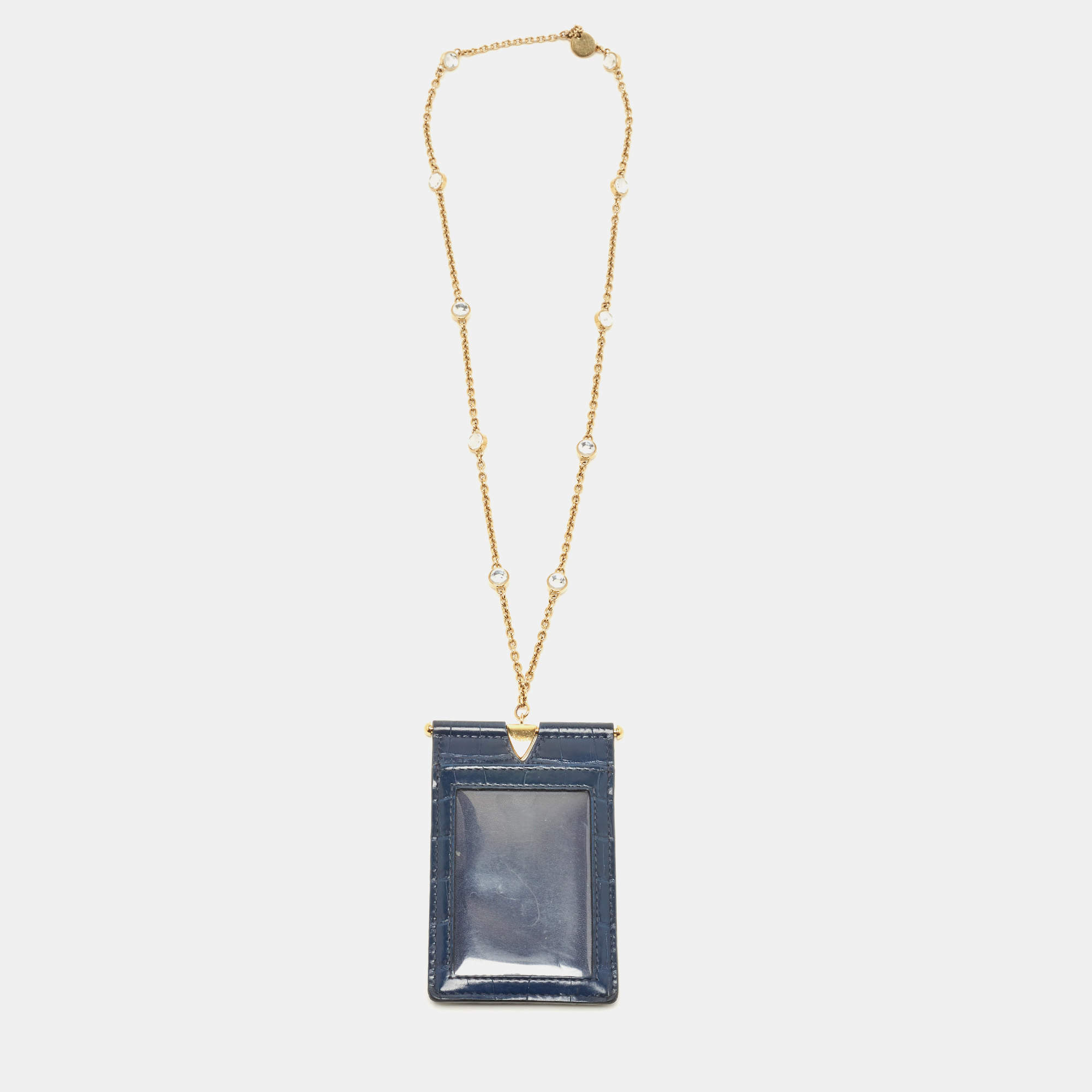 Miu Miu Navy Blue Croc Embossed Leather Chain Crystals Badge Holder