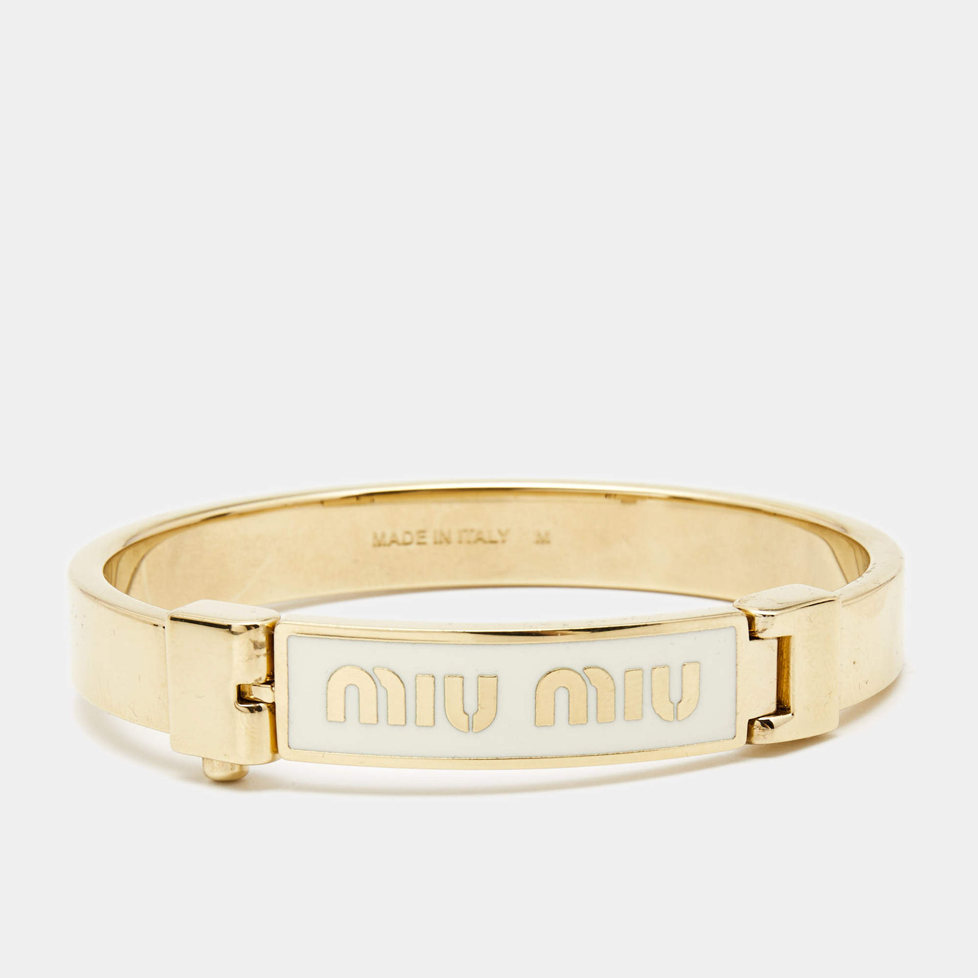 Miu Miu White Logo Print Enamel Gold Tone Bracelet 