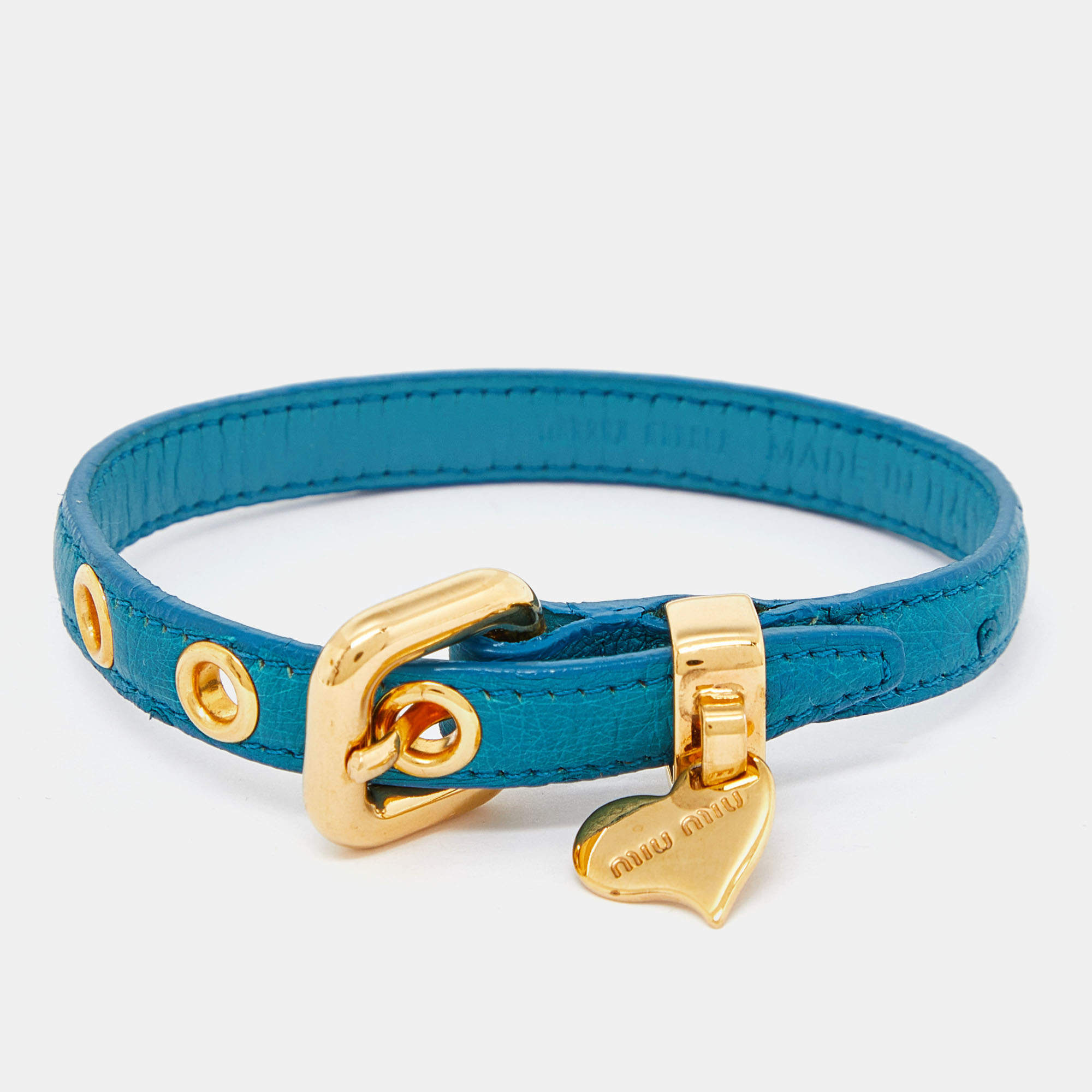 Miu Miu Blue Leather Gold Tone Heart Charm Bracelet