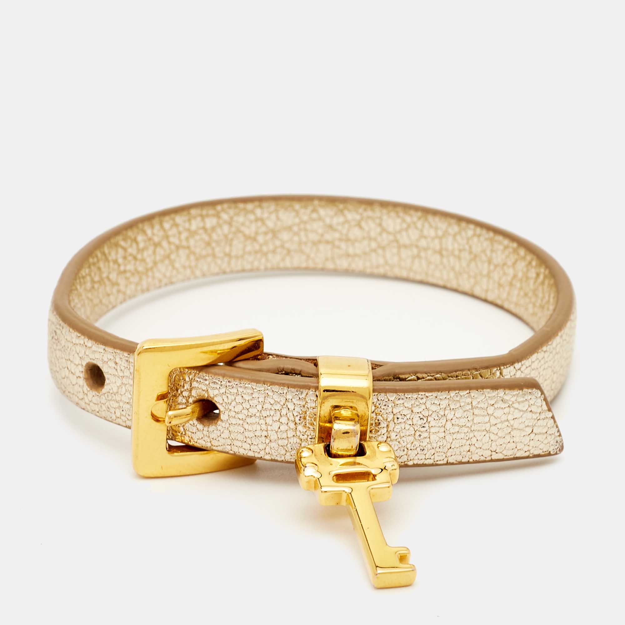 Miu Miu Leather Gold Tone Metal Key Charm Bracelet