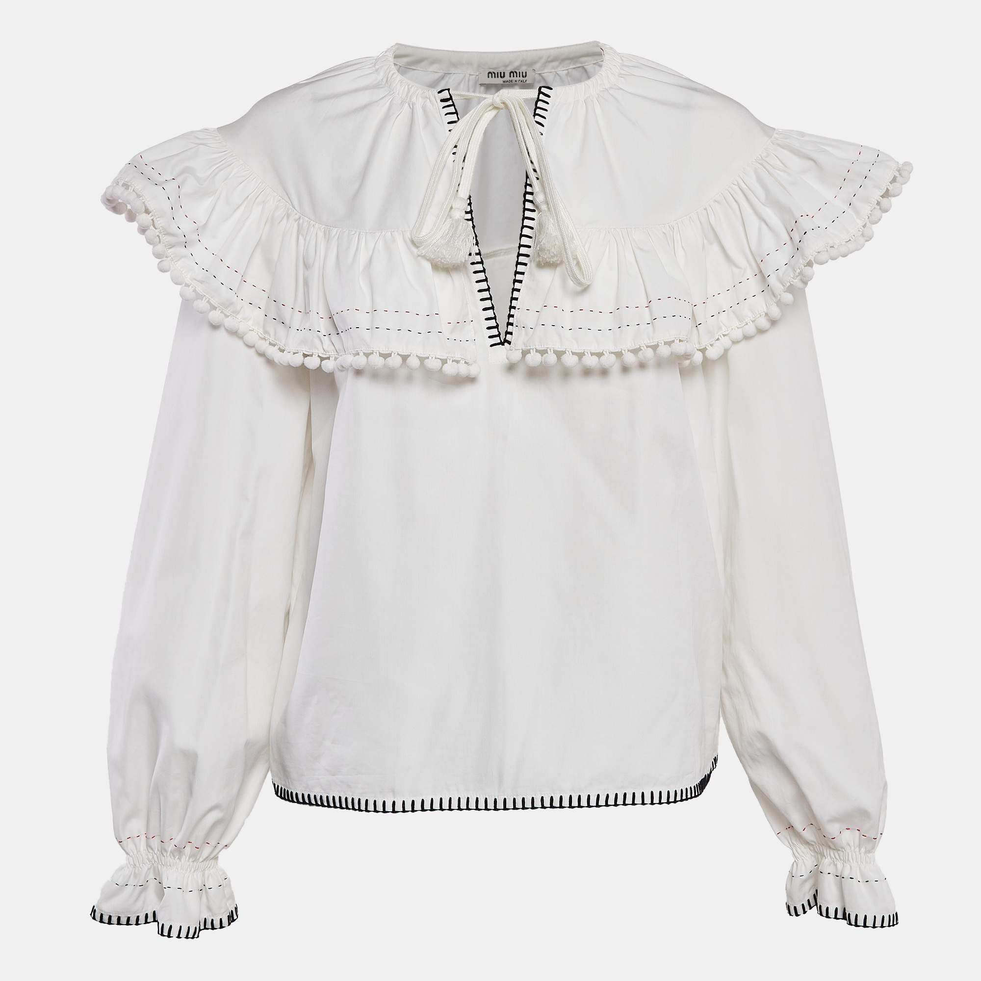 مملوكة مسبقًا Miu Miu Off-White Contrast Stitch Poplin Ruffled Blouse M