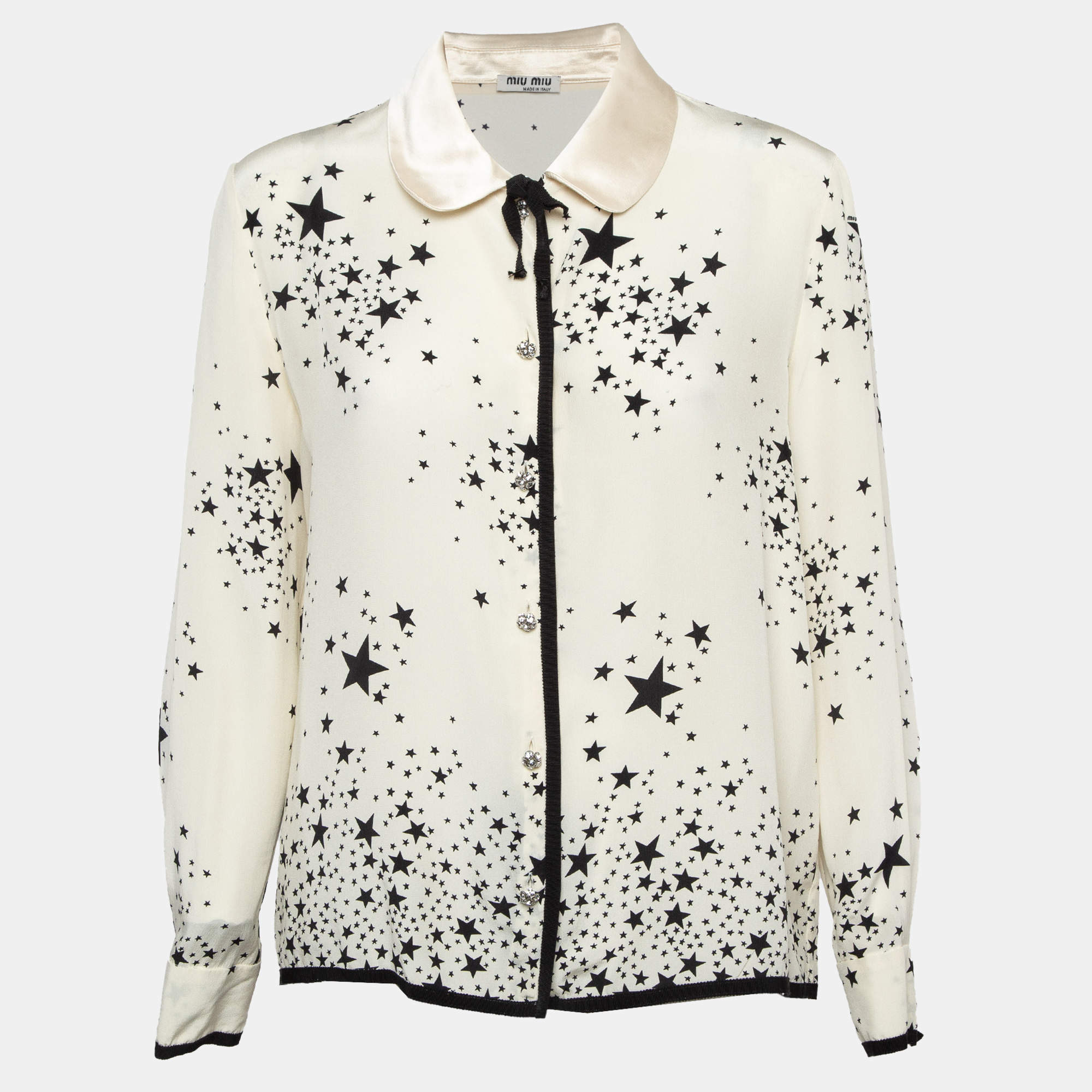 Miu Miu Off-White Stars Print Silk Embellished Closure Shirt