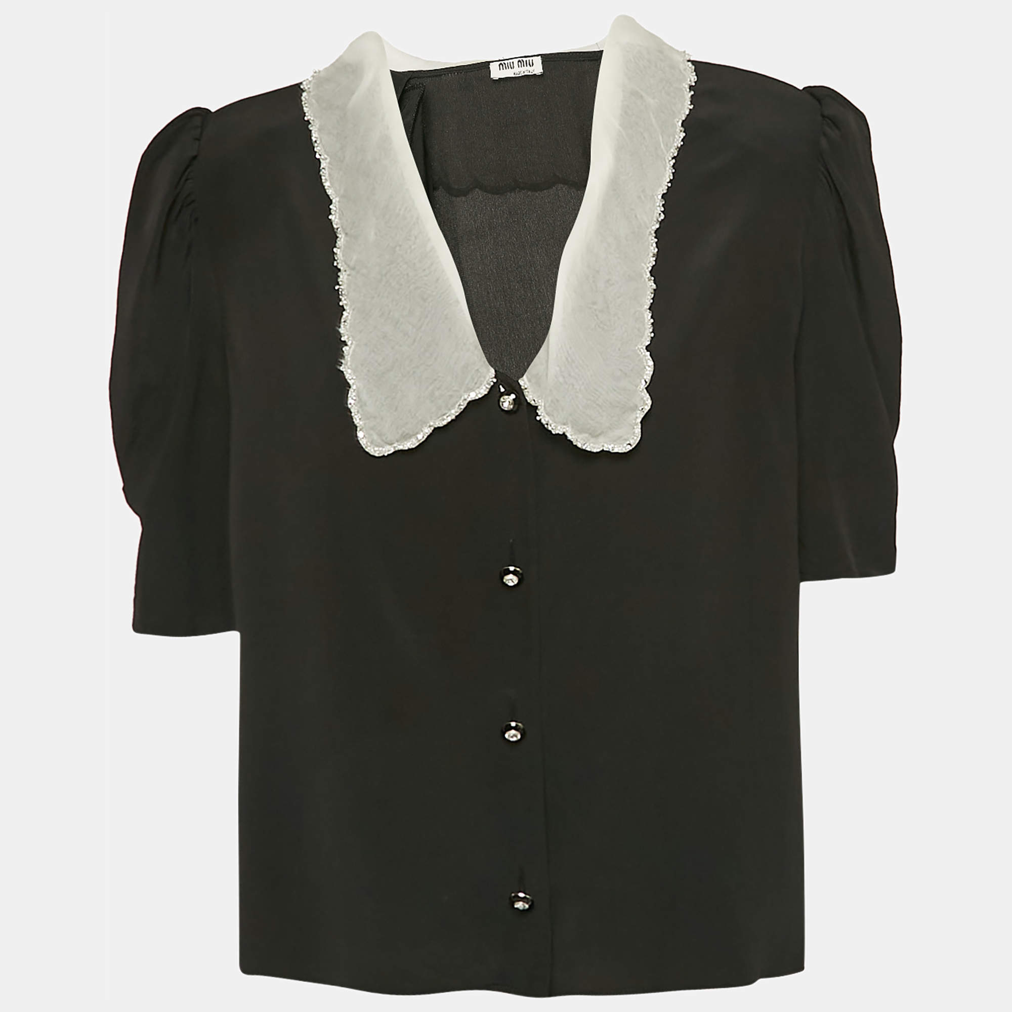 مملوكة مسبقًا Miu Miu Black Silk Embellished Chelsea Collar Blouse S