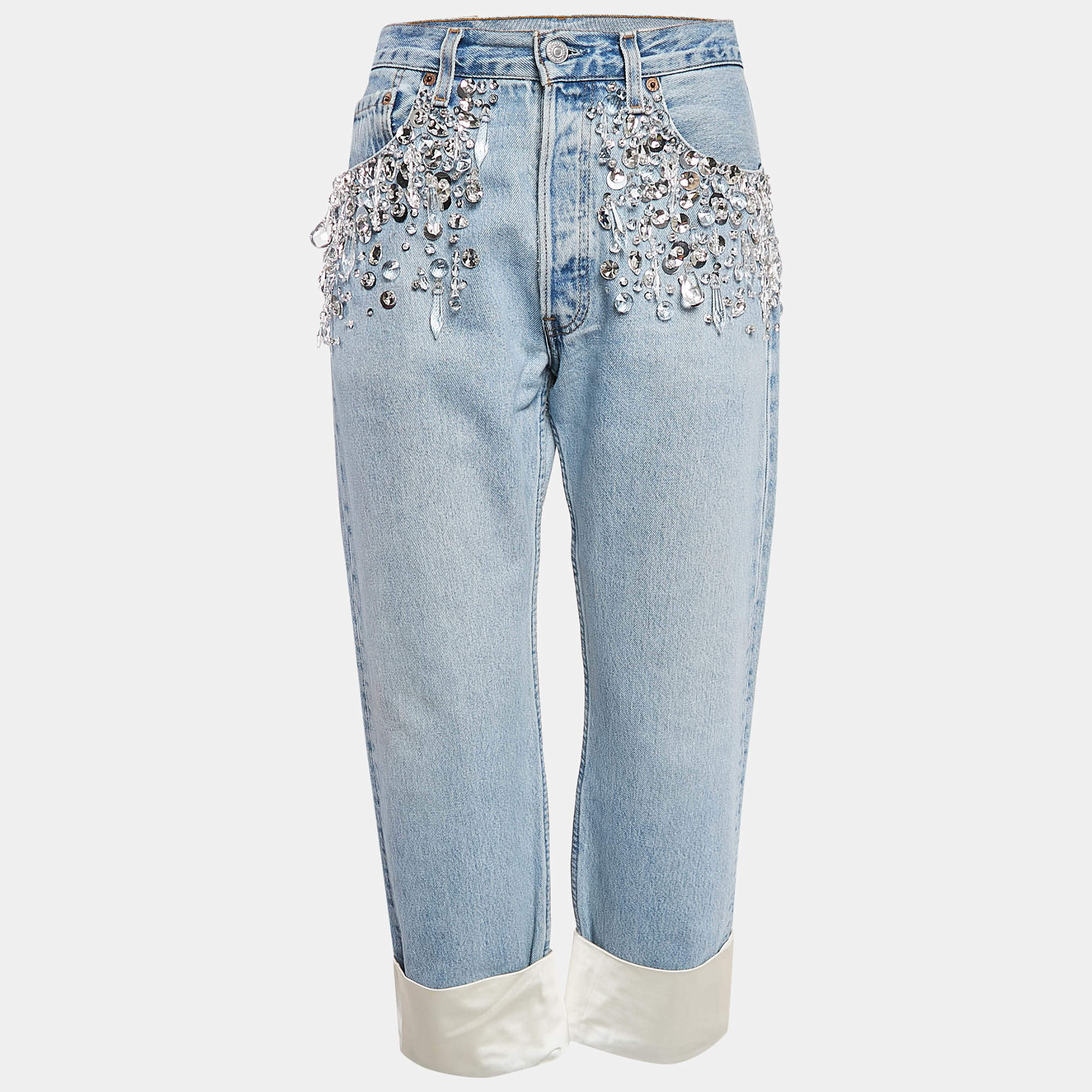 Miu Miu X Levis Light Blue Crystal Satin Trim Denim Jeans M Waist 30"