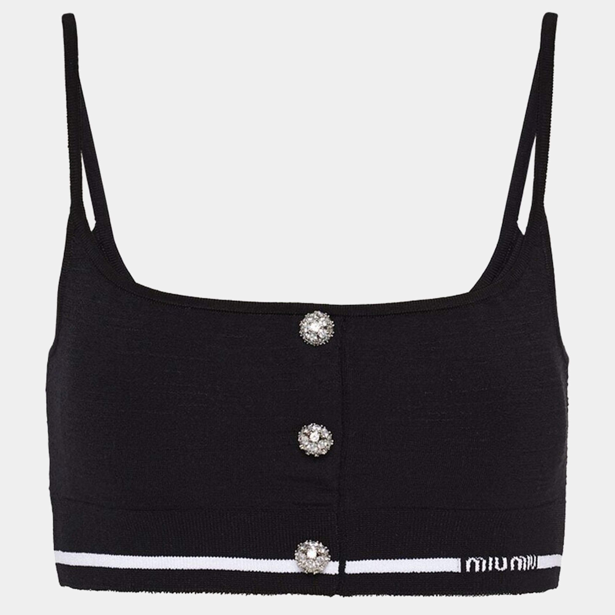 Miu Miu Black Crystal Embellished Button Stretch Knit Crop Top S