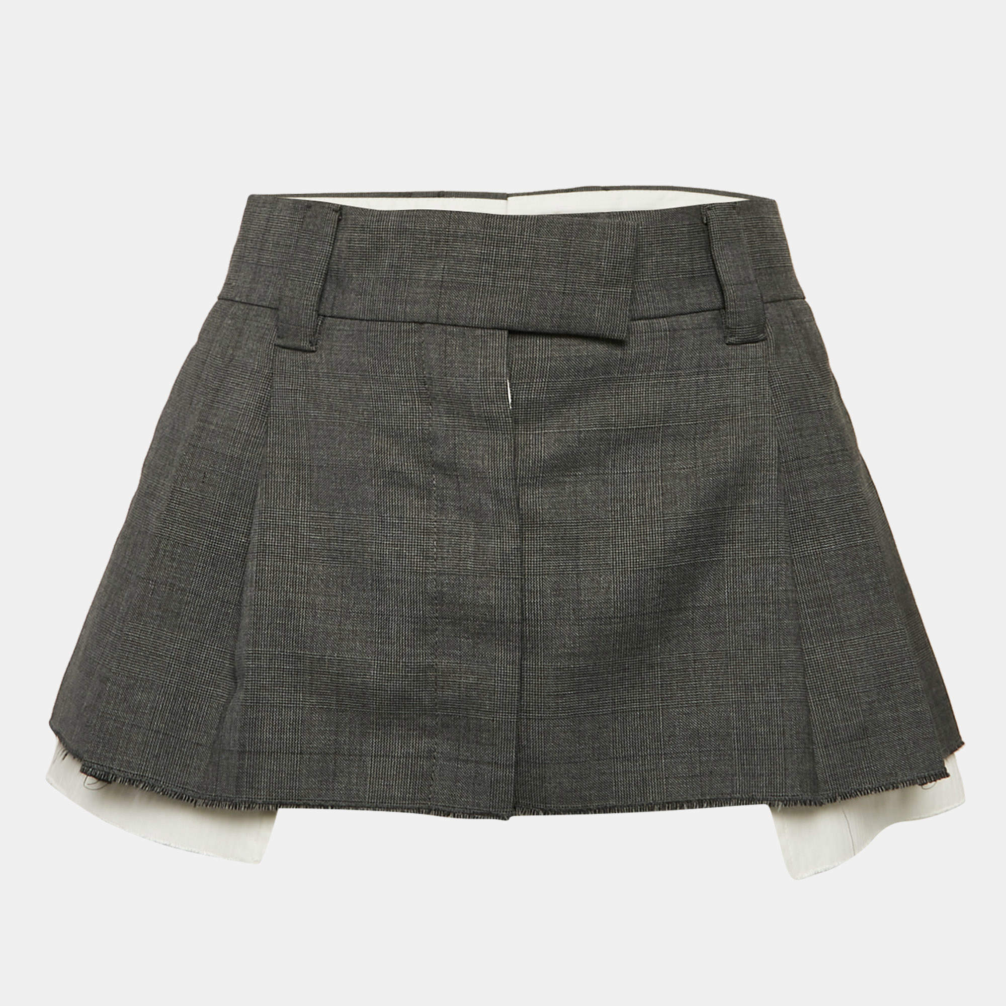 Miu Miu Grey Plaid Wool Raw Edge Detail Mini Skirt XS