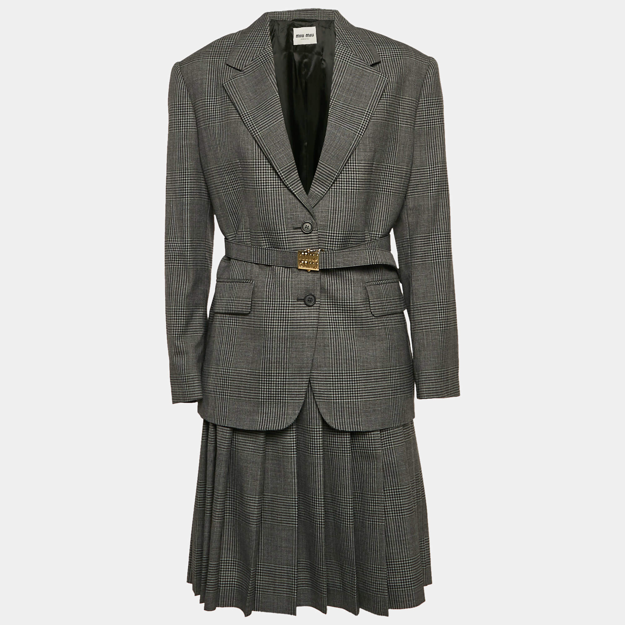 Miu Miu Antracite Grey Prince Of Wales Check Wool Belted Blazer and Skirt Set XS/M