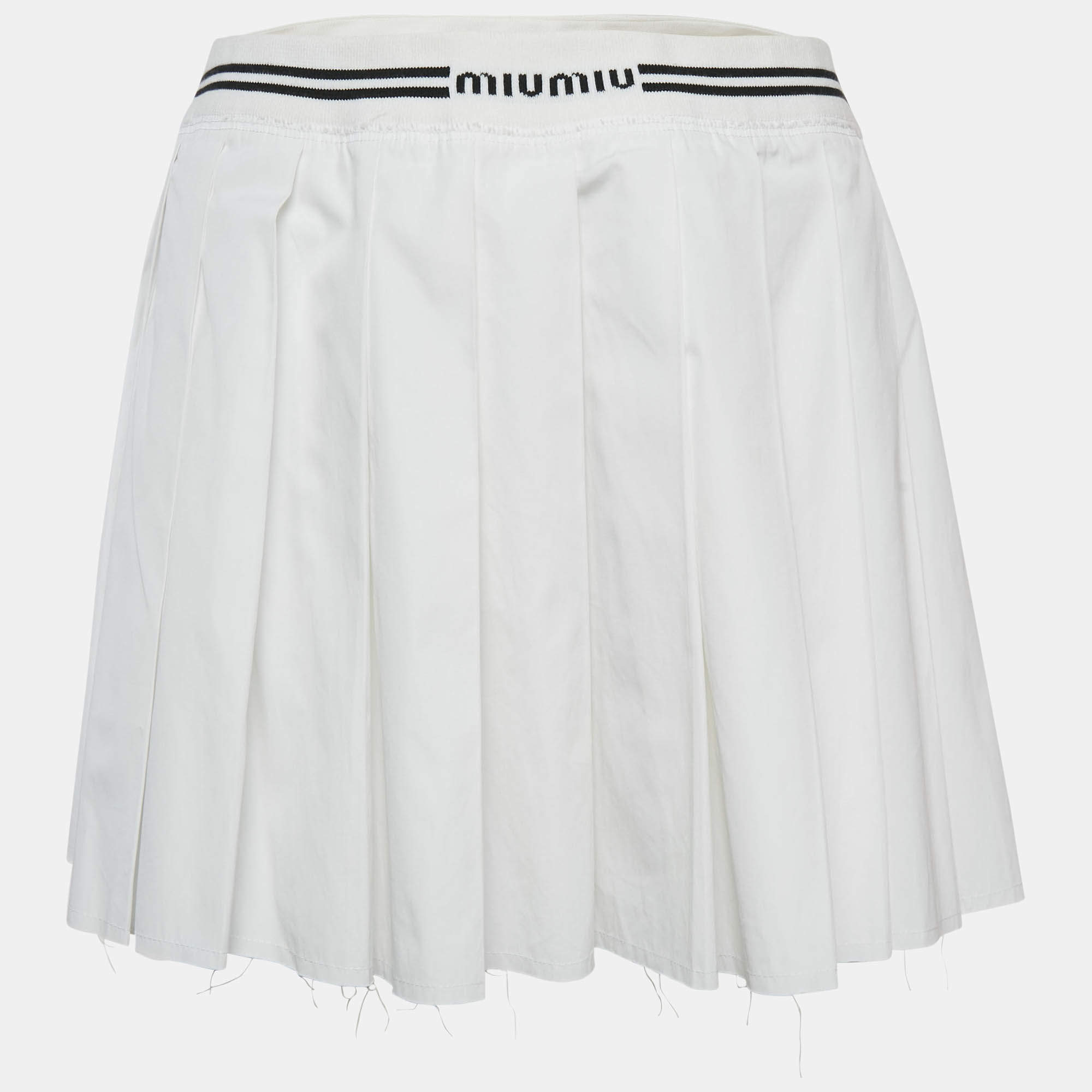 Miu Miu White Logo Intarsia Poplin Pleated Mini Skirt S