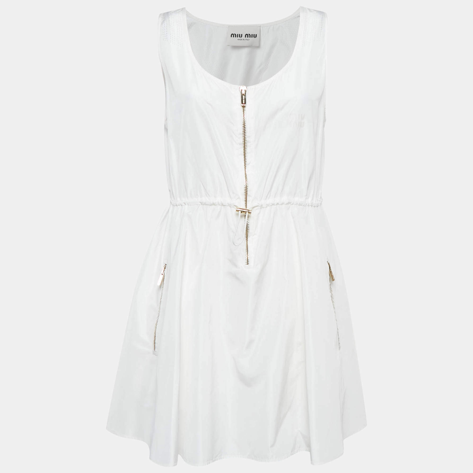 مملوكة مسبقًا Miu Miu White Technical Silk Perforated Detail Sleeveless Mini Dress XS