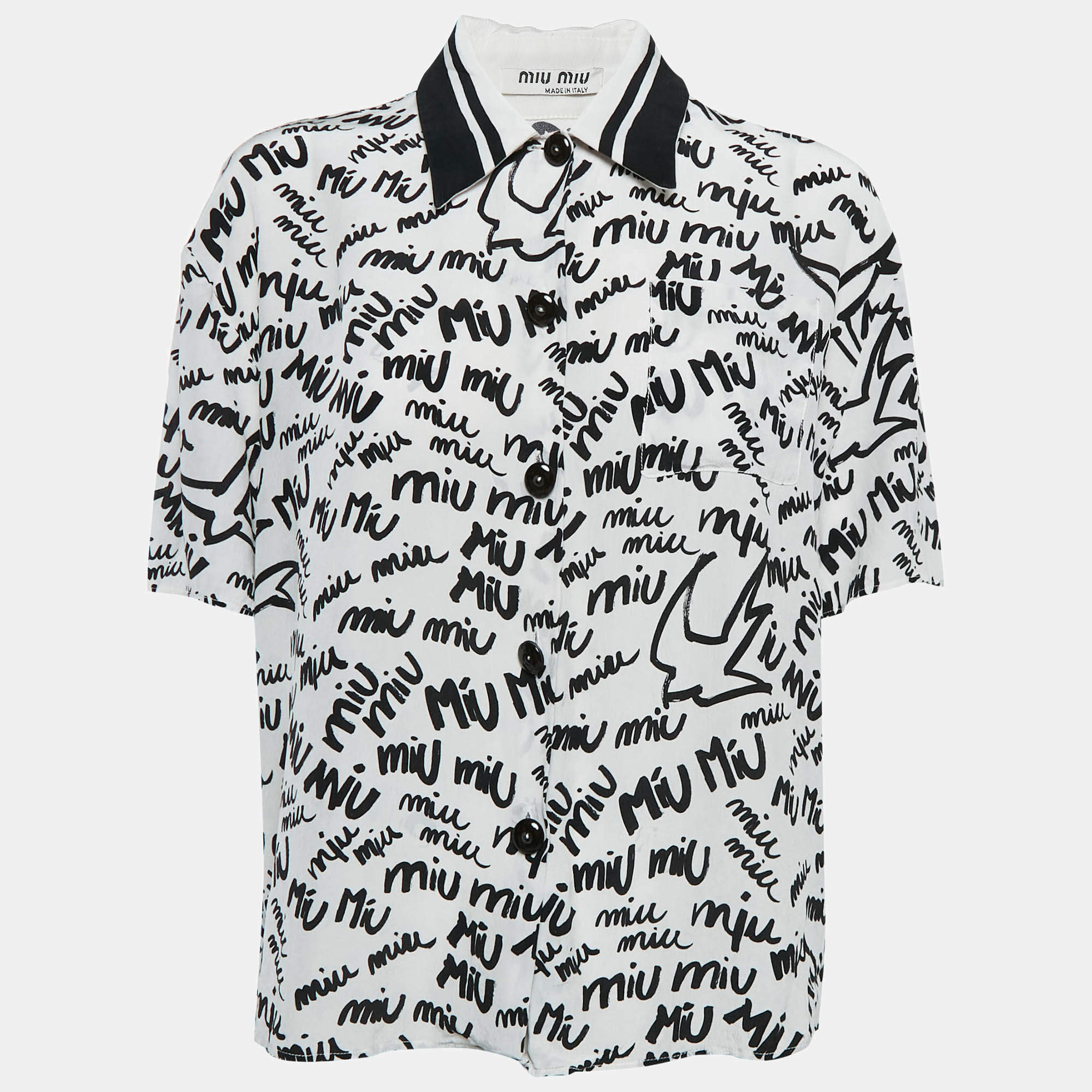 Miu Miu White/Black All Over print Silk Half Sleeve Shirt L