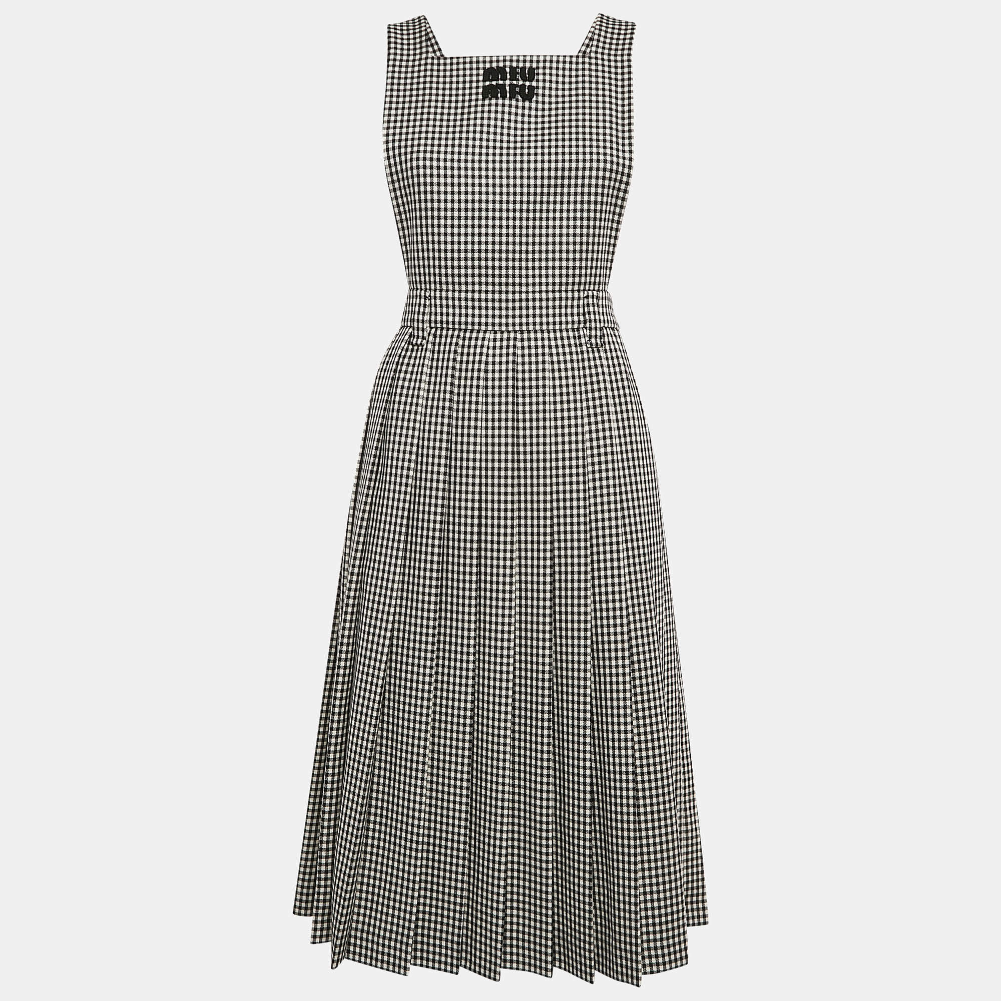 Miu Miu Black/White Gingham Wool Jumper Midi Dress S