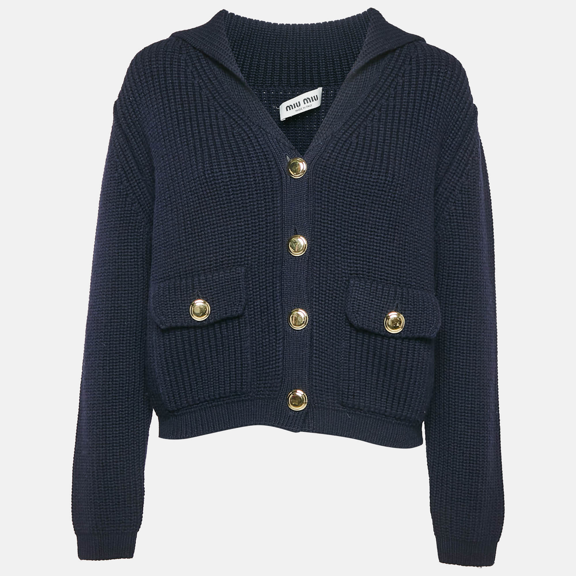 Miu Miu Navy Blue Wool Rib Knit Button Front Cardigan M