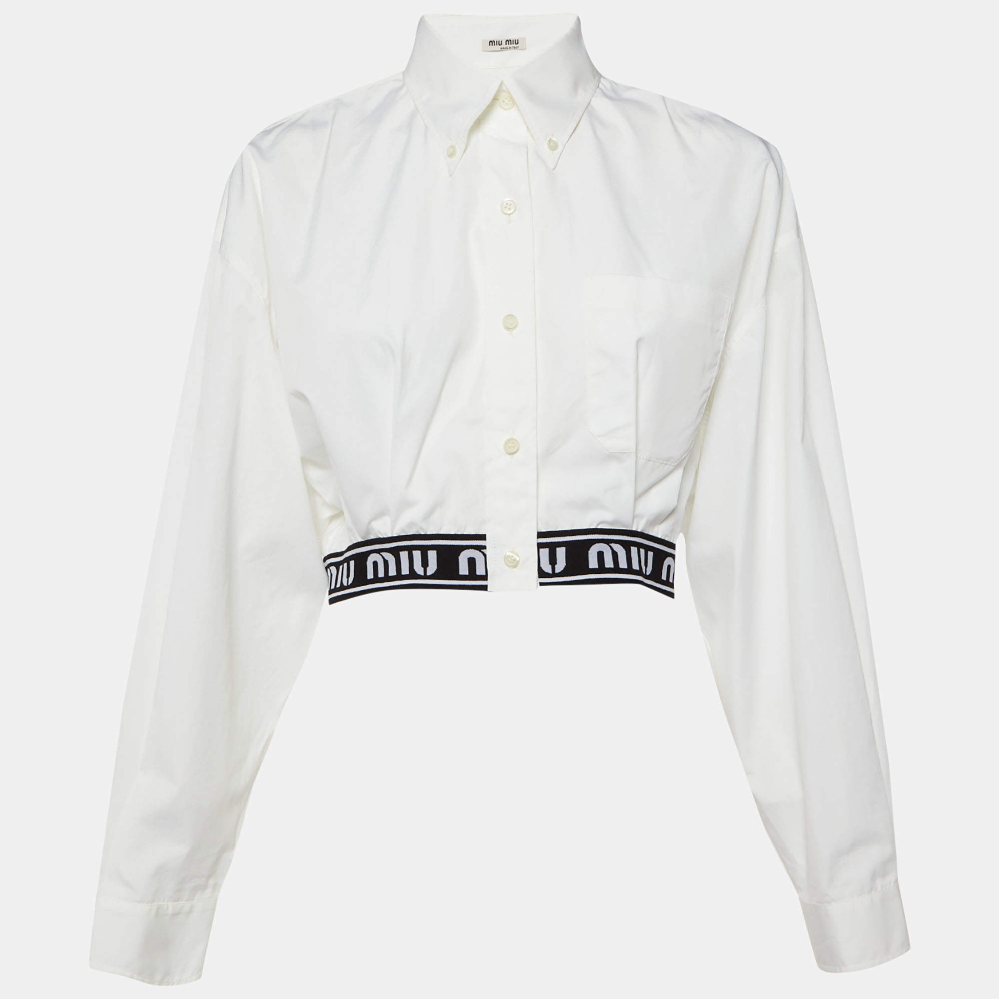 Pre Owned Miu Miu White Cotton Logo Band Cropped Shirt M